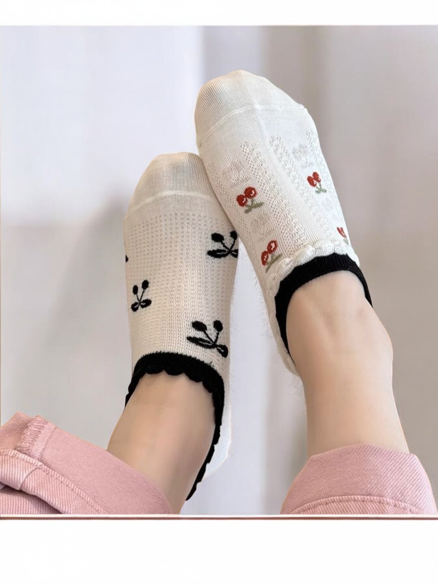 Anna-Kaci Women's Low-Cut Ankle Socks with Cherry Embroidery and Striped Design