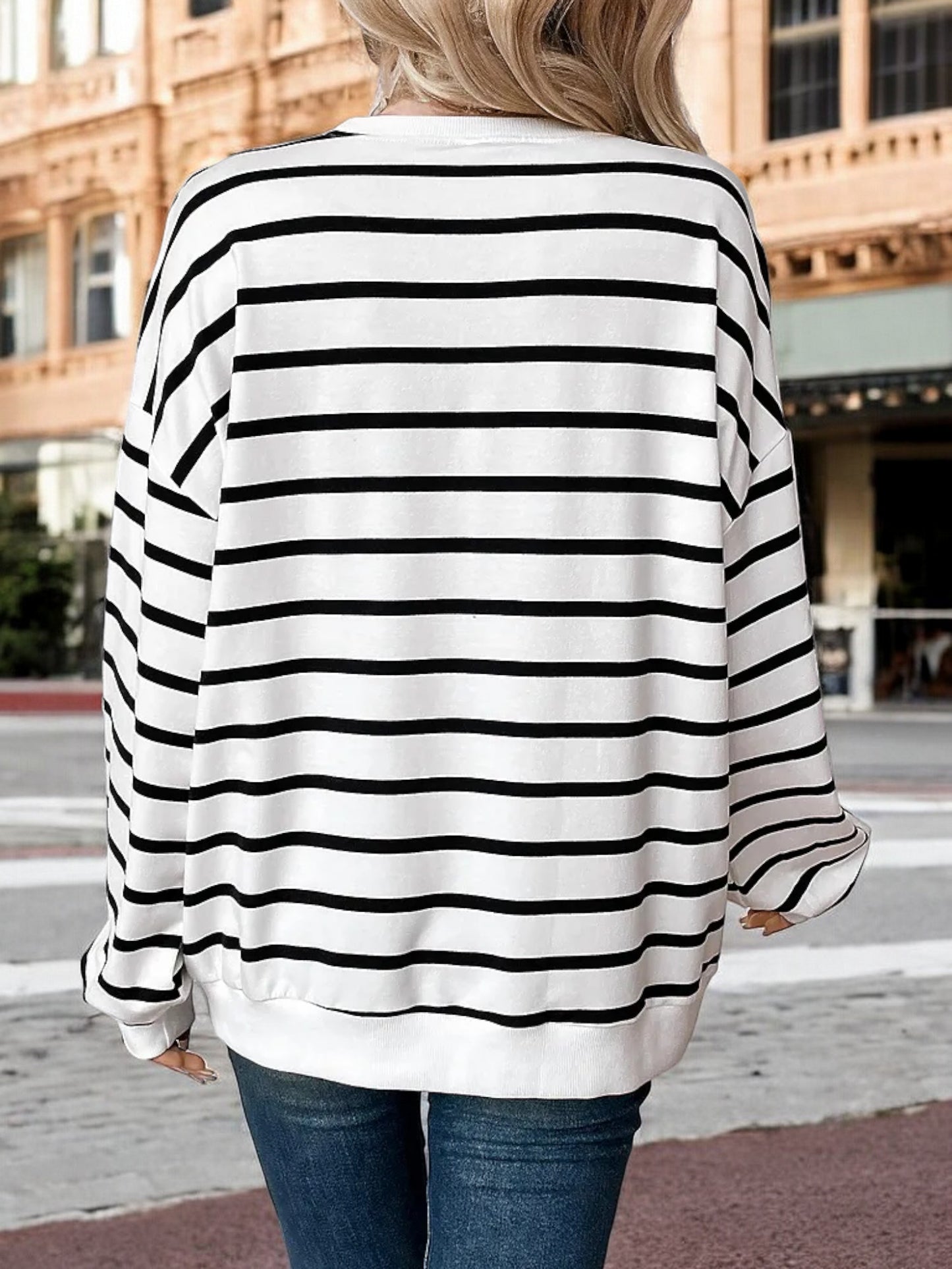 Anna-Kaci Women's Oversized Striped Long Sleeve Top with Drop Shoulders