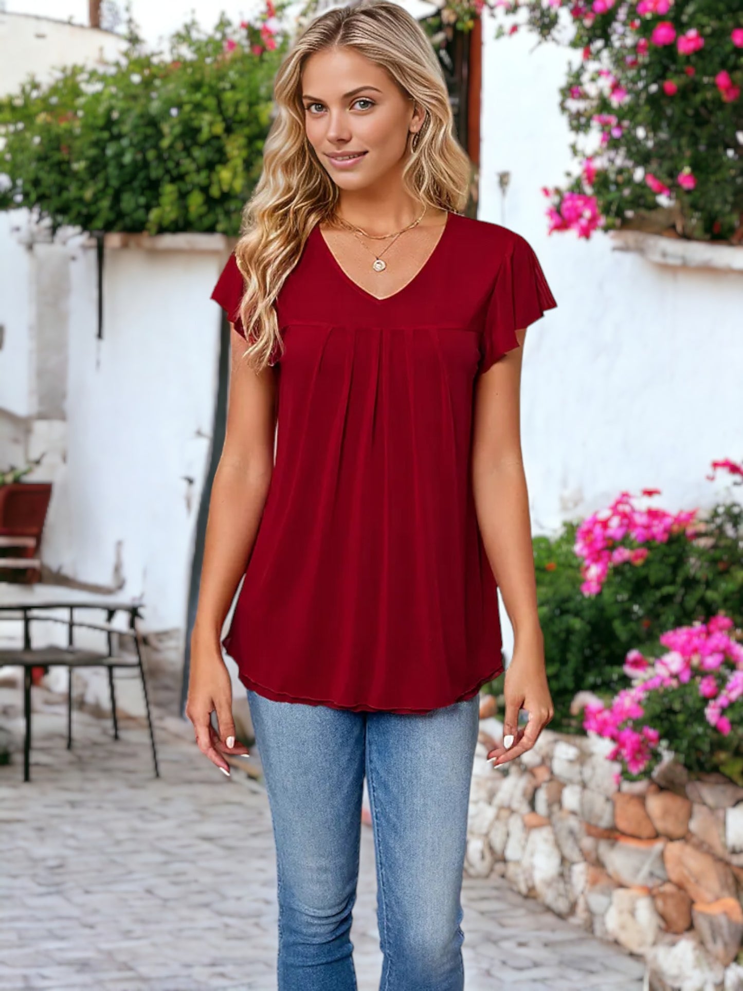 V-Neck Flutter Sleeved Two Layer Mesh Detail Blouse