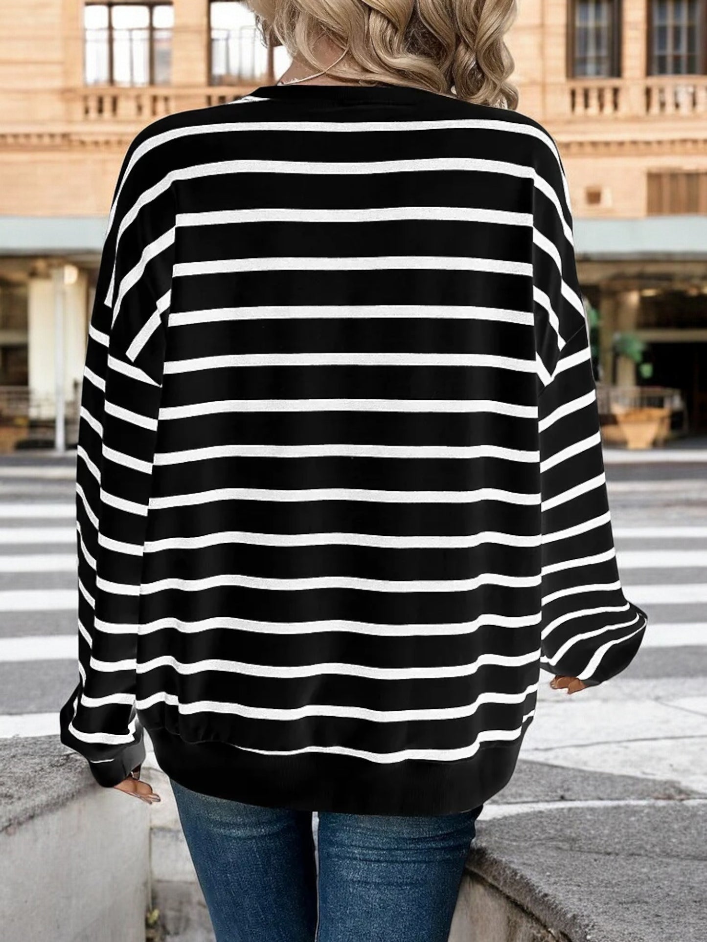 Anna-Kaci Women's Oversized Striped Long Sleeve Top with Drop Shoulders