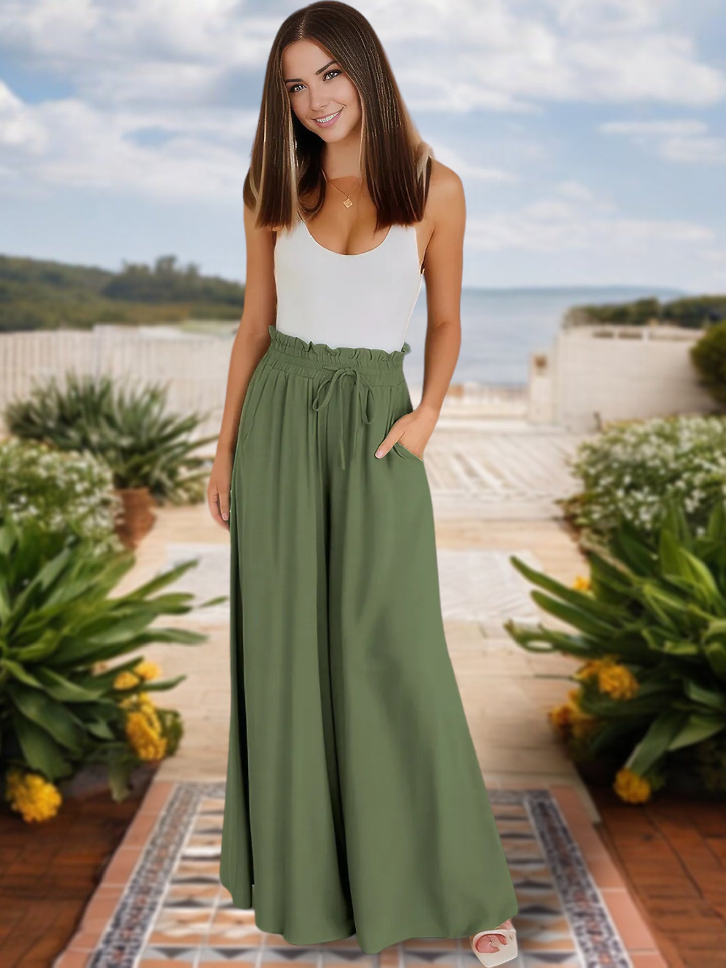 Anna-Kaci Women's High Waist Wide Leg Pants with Drawstring Waist