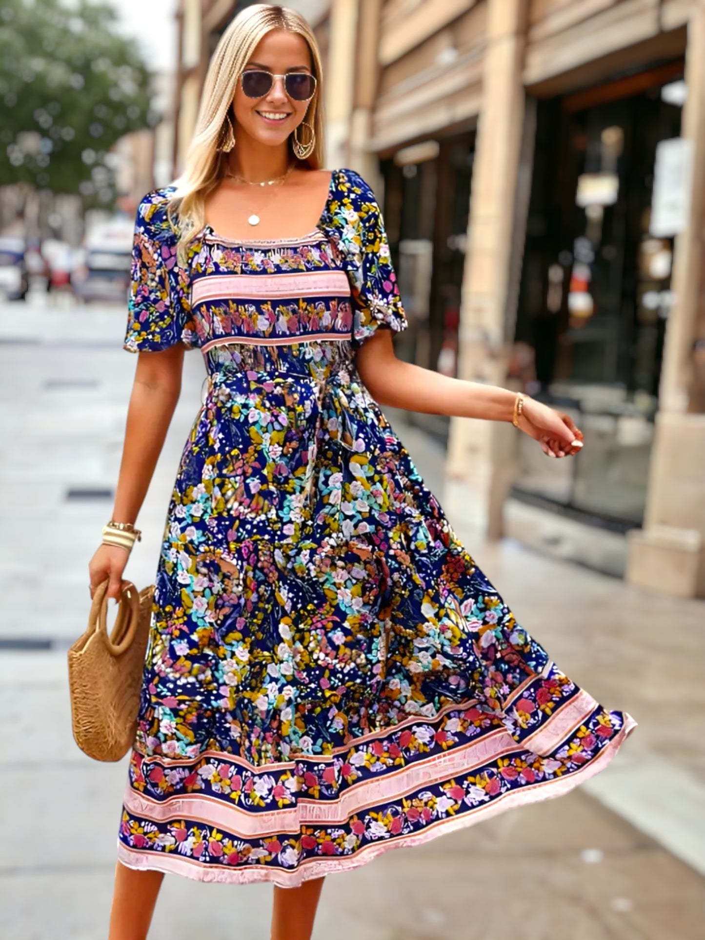 Vestido midi vintage con escote cuadrado
