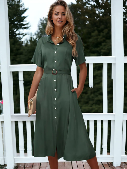 Belted Button Front Simple Casual Dress