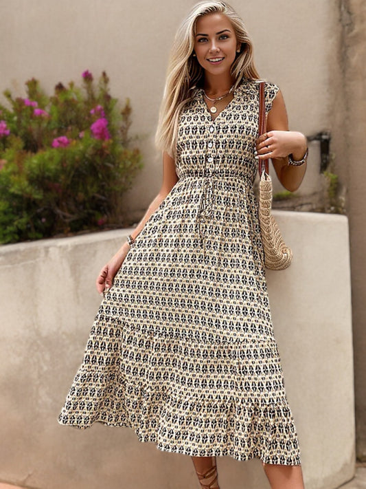 Cap Sleeve Button-Front Midi Dress with Geometric Print and Waist Tie