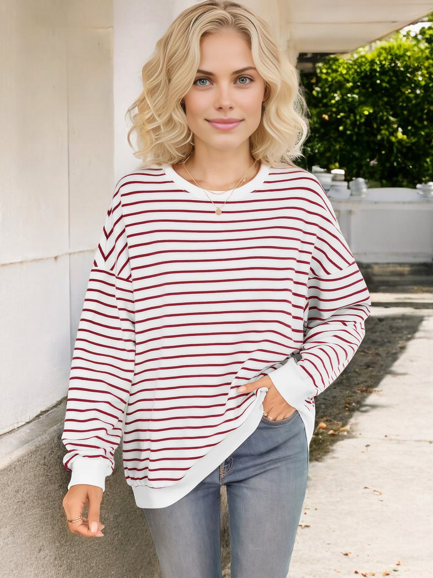 Anna-Kaci Women's Striped Long Sleeve Crew Neck Top with Drop Shoulder Design