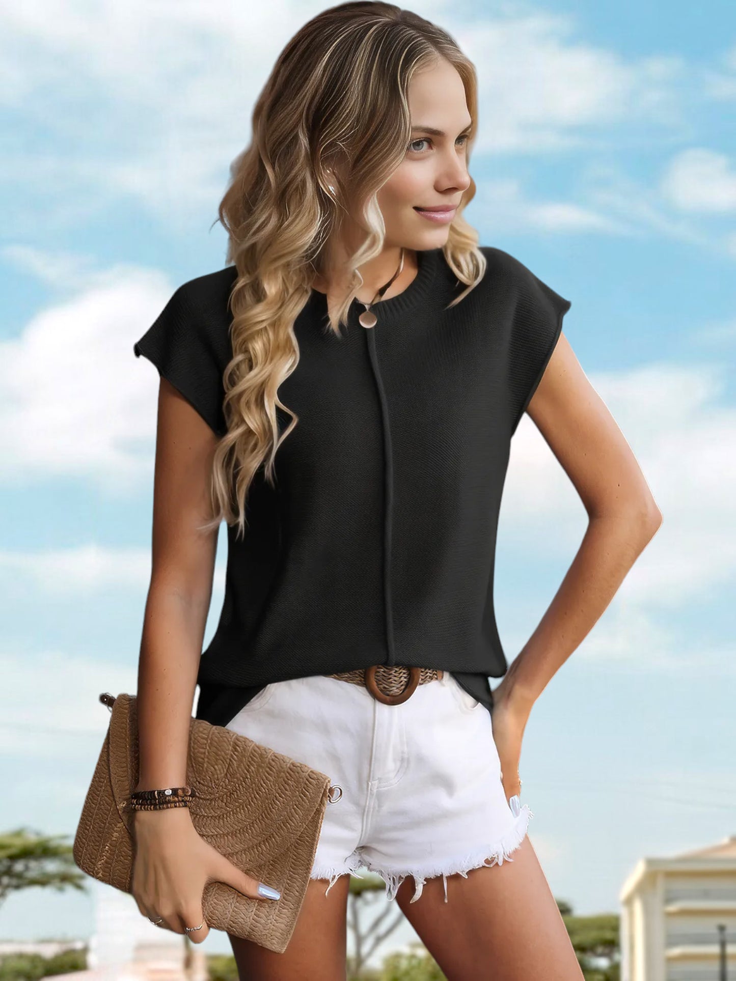 Anna-Kaci Women's Short Sleeve Top with Keyhole Button Detail and Cap Sleeves