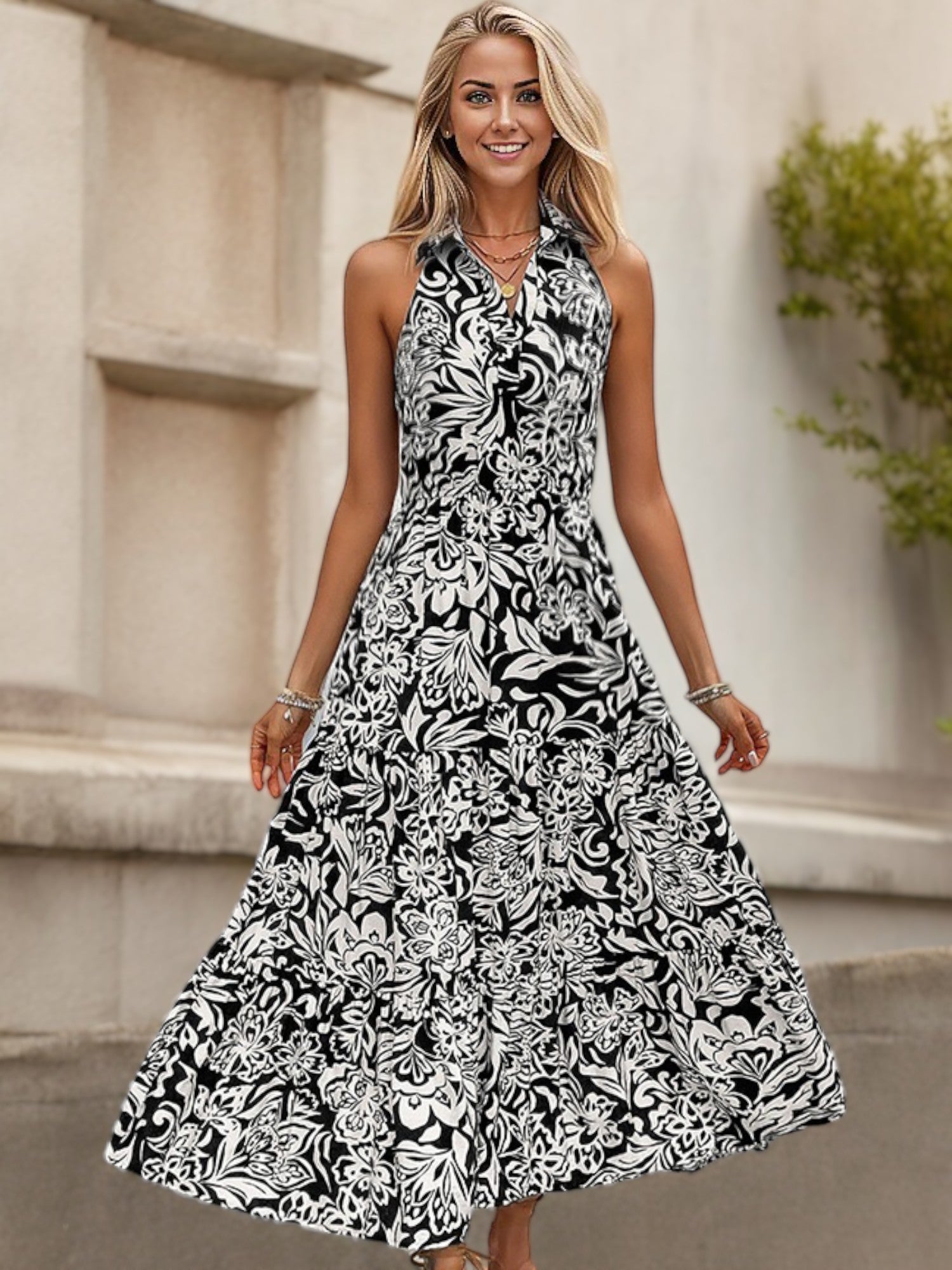 Halter Neck Maxi Dress with Black and White Floral Print Anna-Kaci Halter Neck Maxi Dress with Black and White Floral Print Anna-Kaci