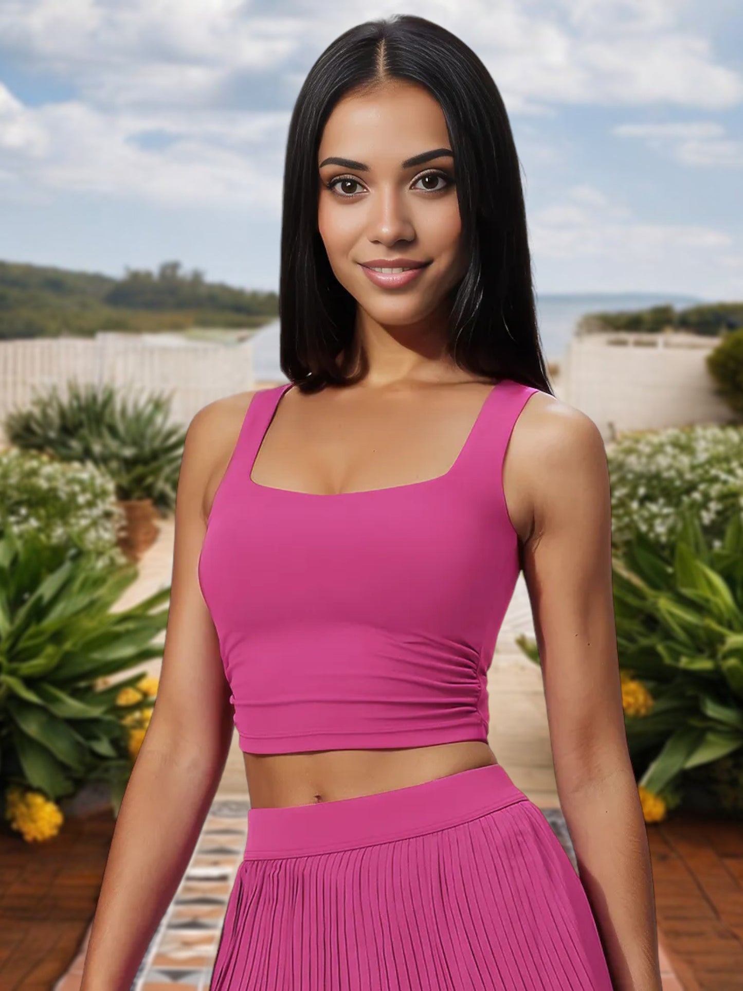 Women's Square Neck Crop Top with Stretch Fit and Ruched Sides