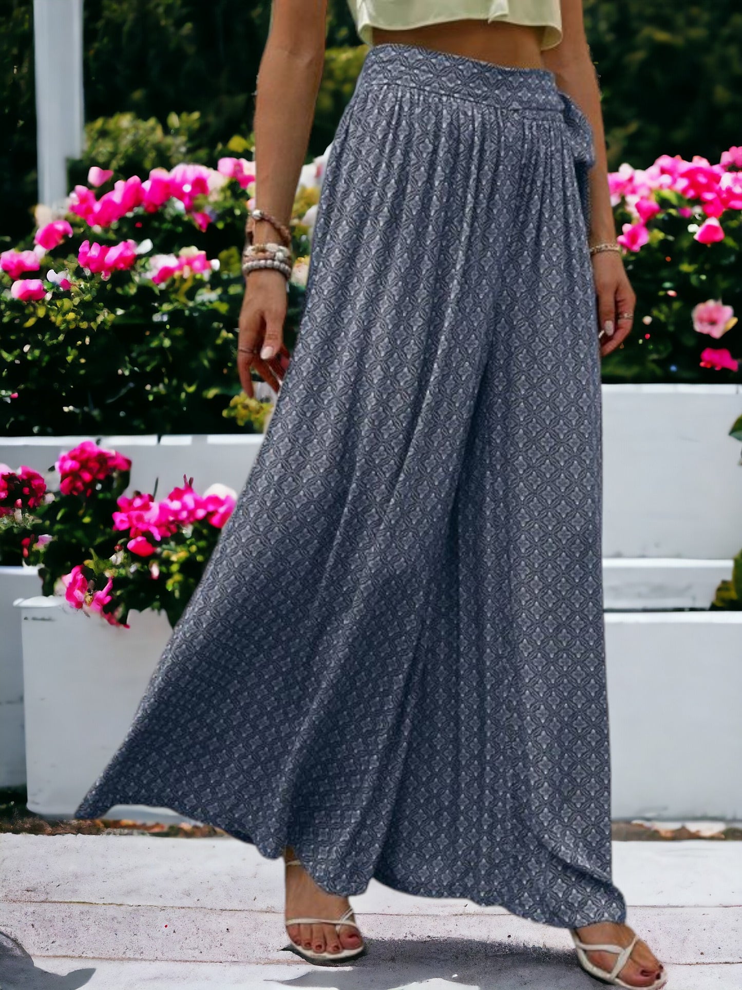 Printed High Waisted Wide Leg Breathable Loose Waist Wrap Pants