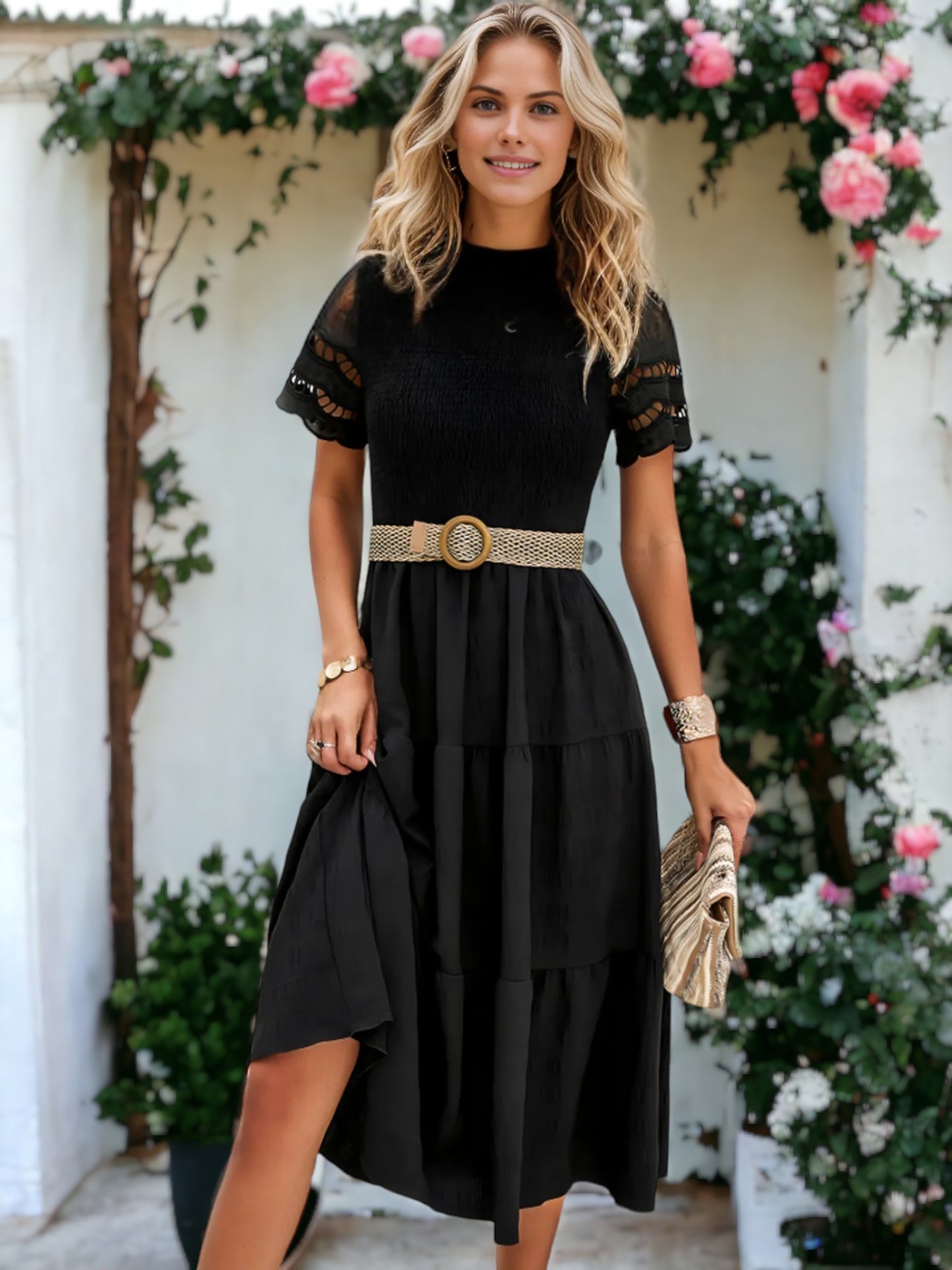 Solid Color Hallow Eyelet Sleeve Tier Midi Dress