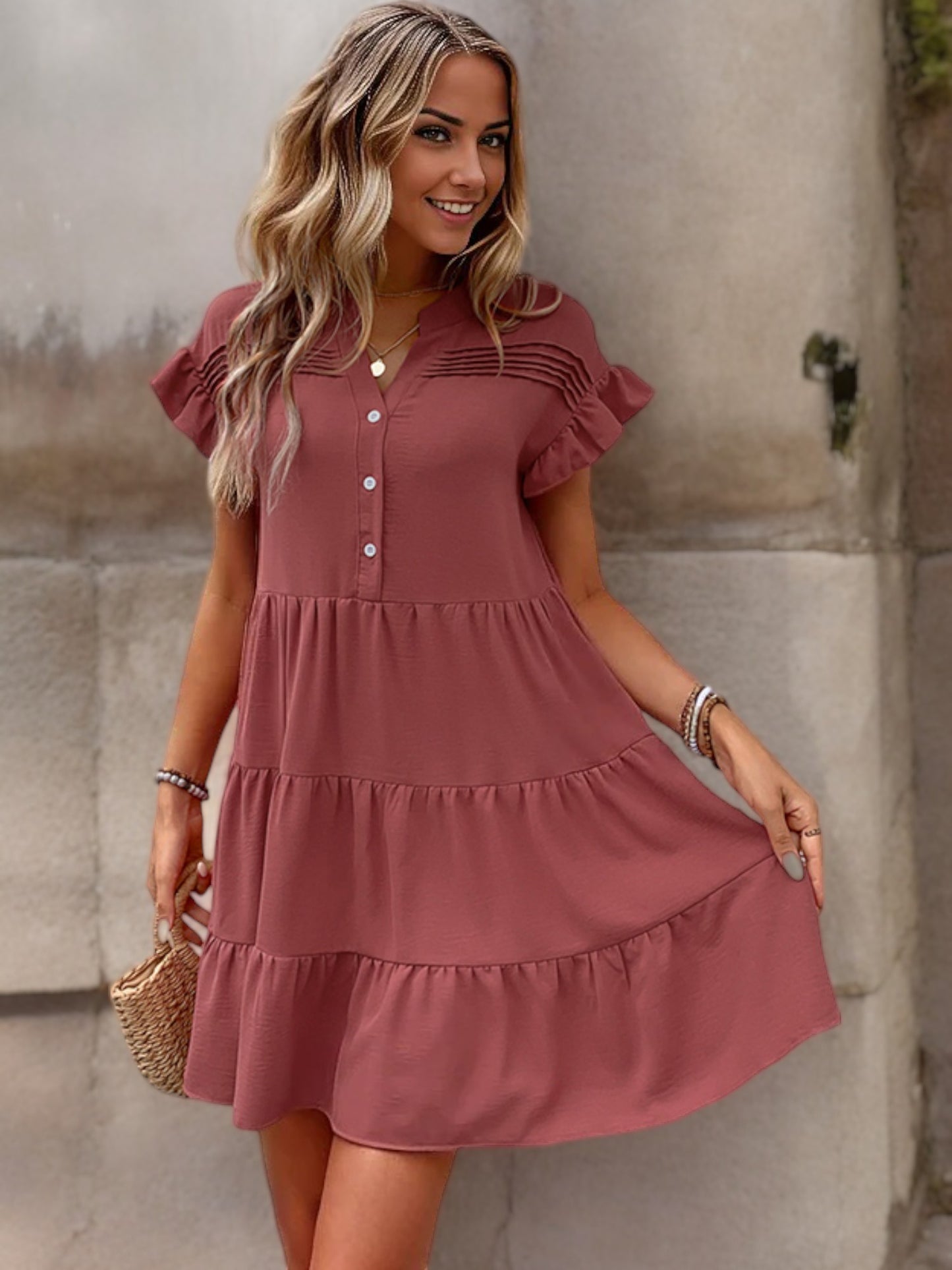 Short Sleeve Tiered Mini Dress with Button Front and Ruffle Detail