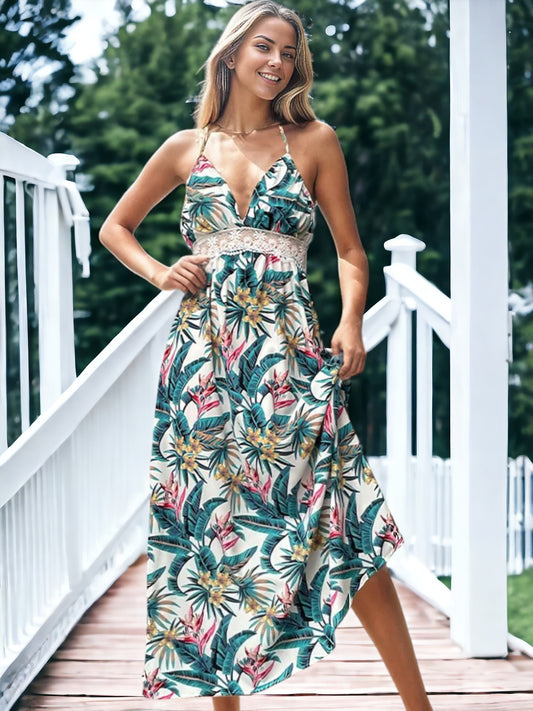 Floral Printed Cami Top V-Neck Summer Midi Dress