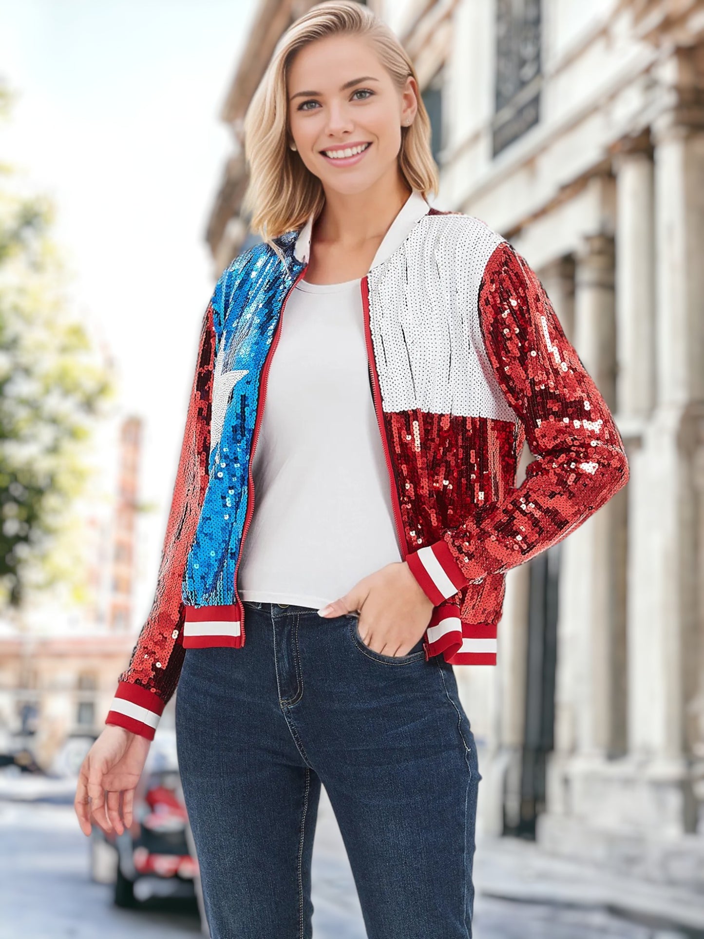 Chaqueta bomber con cremallera y lentejuelas con la bandera estadounidense