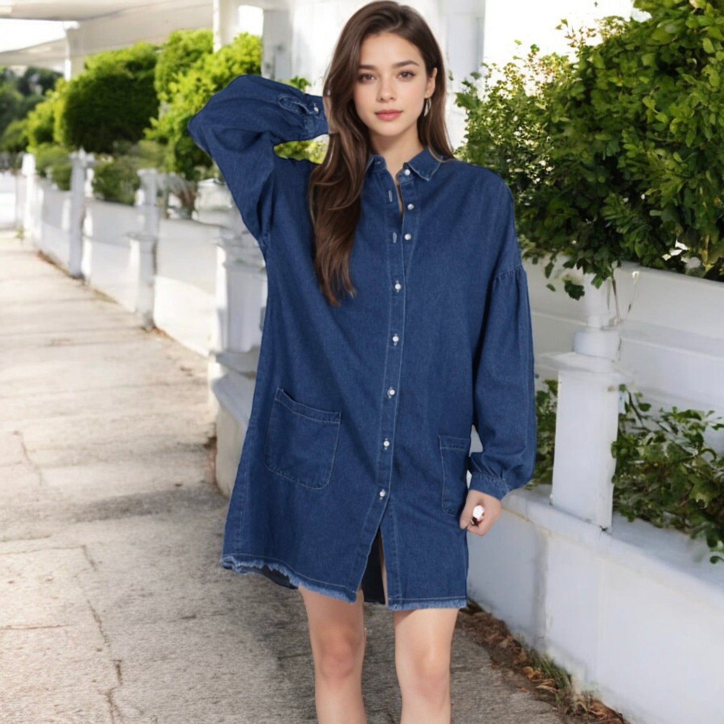 Anna-Kaci Women's Long Sleeve Denim Shirt Dress with Front Button Closure and Patch Pockets