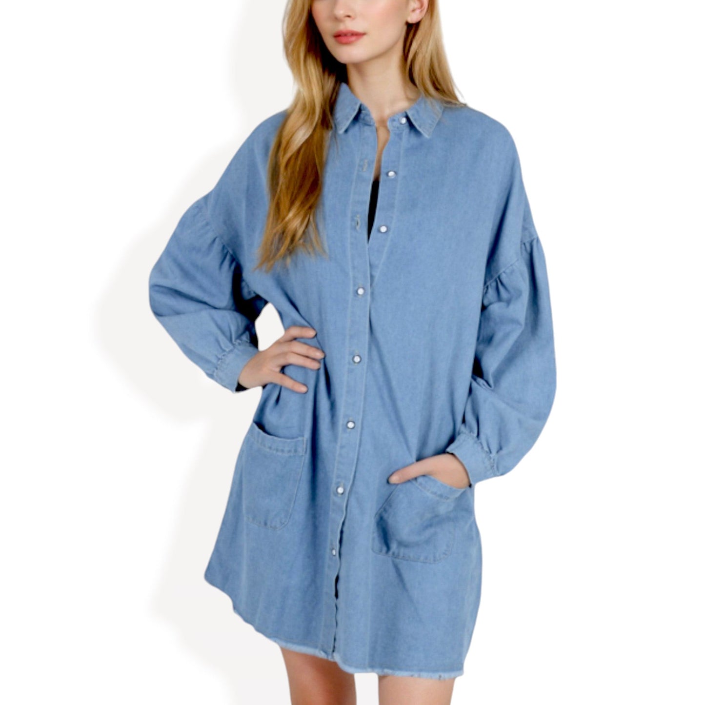 Anna-Kaci Women's Long Sleeve Denim Shirt Dress with Front Button Closure and Patch Pockets