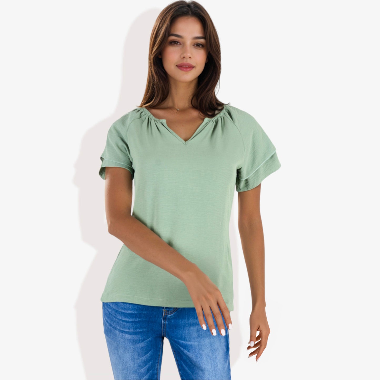 Blusa informal de mujer con escote en V y manga corta con fruncido