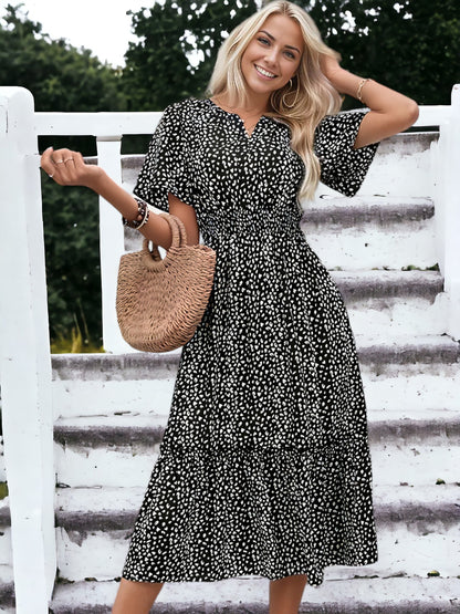 Leopard Printed Short Sleeve Smock Waist Midi Dress