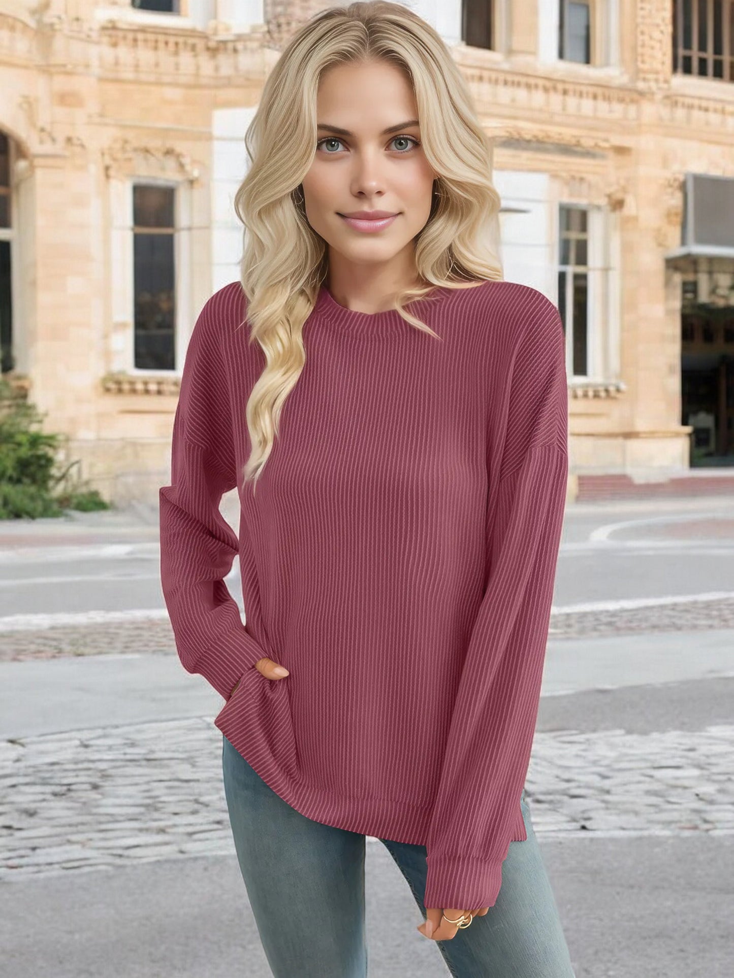 Anna-Kaci Women's Oversized Long Sleeve Knit Top with Ribbed Texture