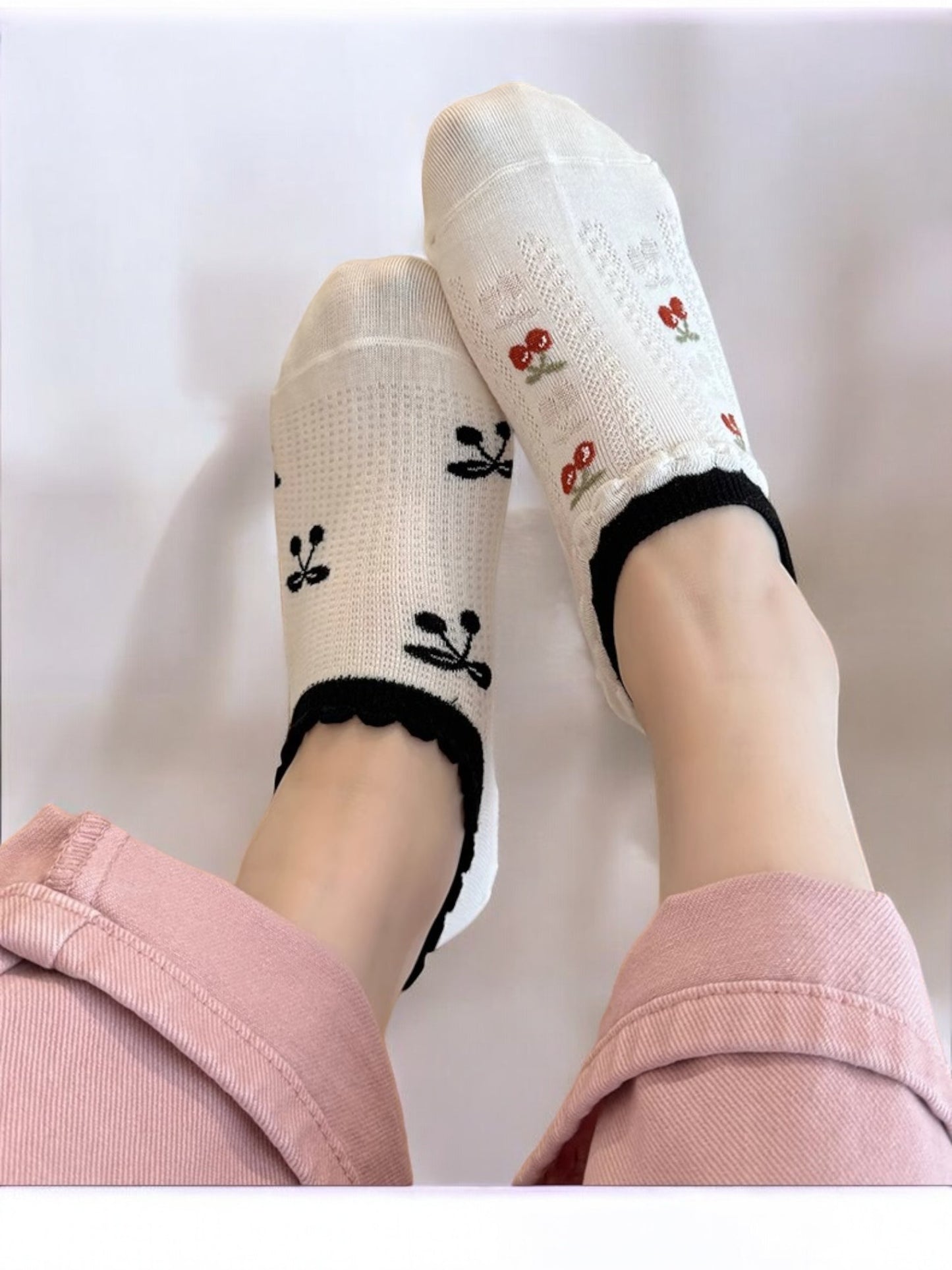 Anna-Kaci Women's Low-Cut Ankle Socks with Cherry Embroidery and Striped Design