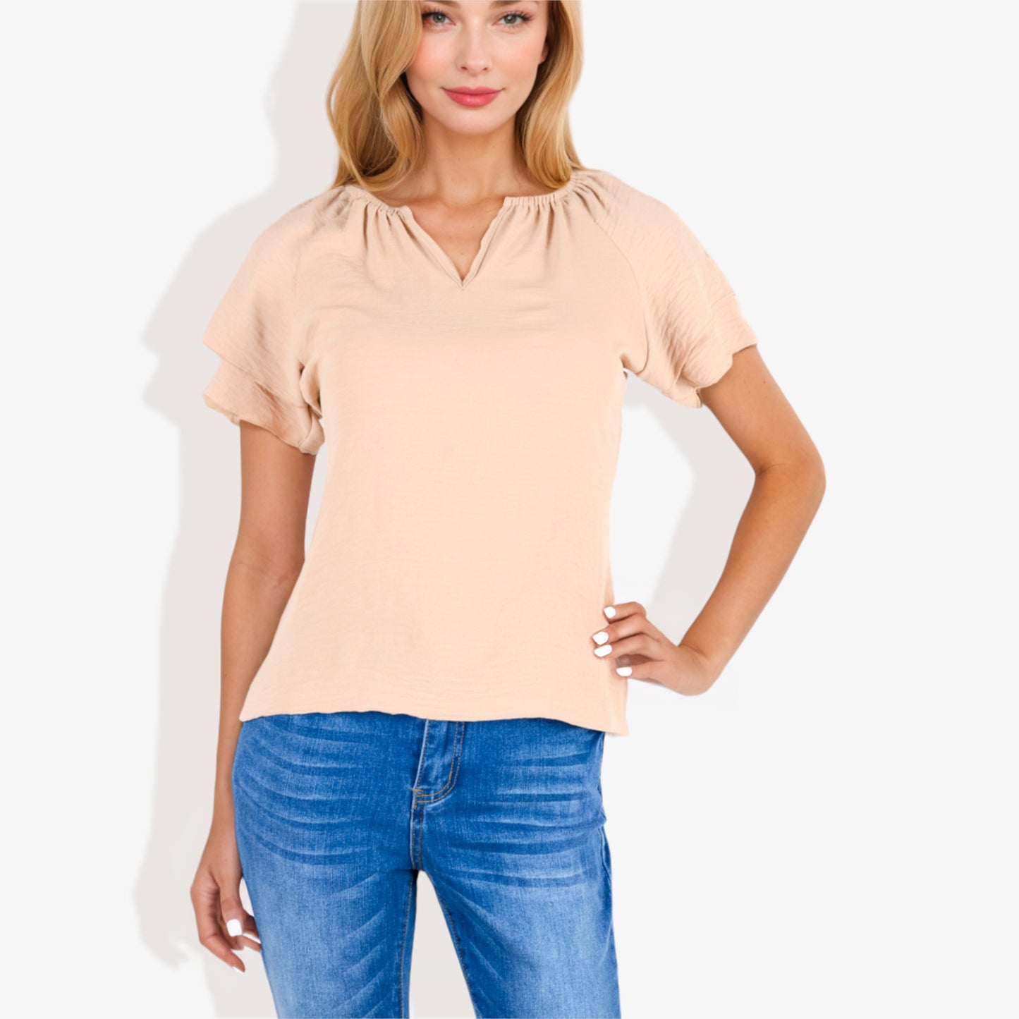 Blusa informal de mujer con escote en V y manga corta con fruncido