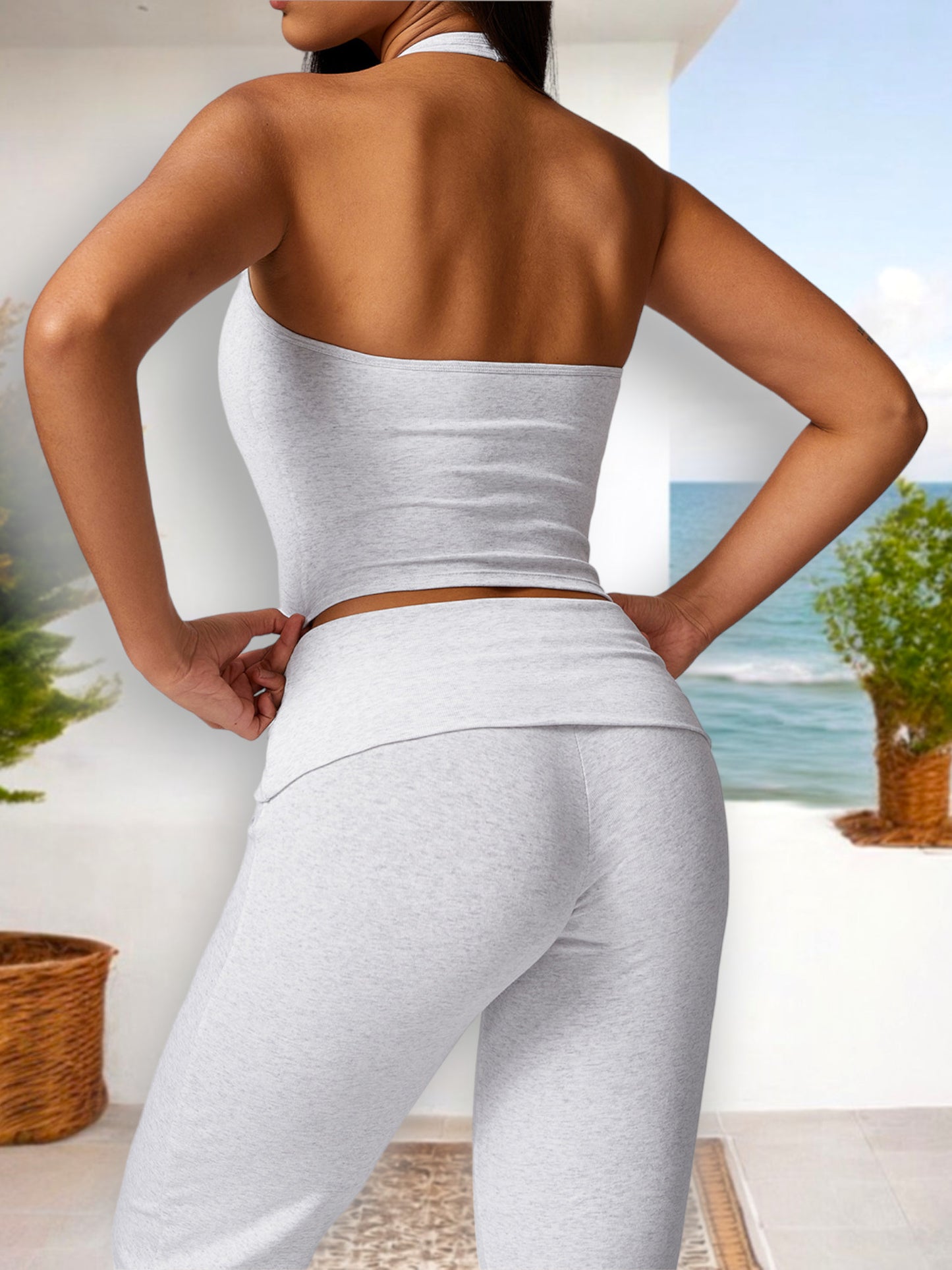 Women's Halter Neck Crop Top with Racerback Design and Stretch Fit