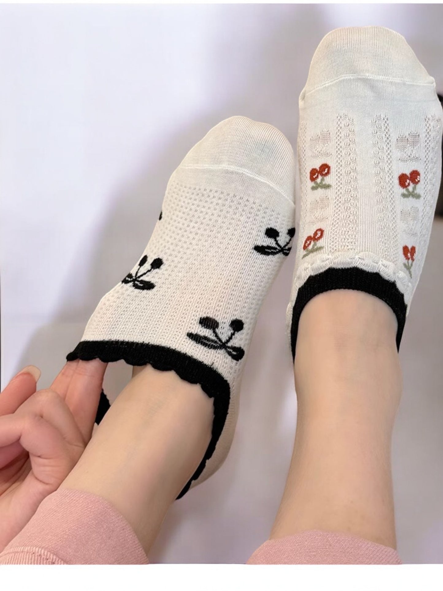 Anna-Kaci Women's Low-Cut Ankle Socks with Cherry Embroidery and Striped Design