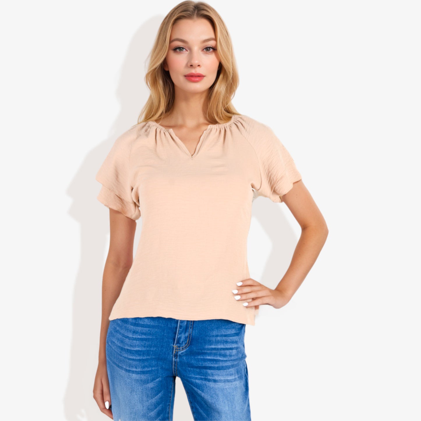 Blusa informal de mujer con escote en V y manga corta con fruncido