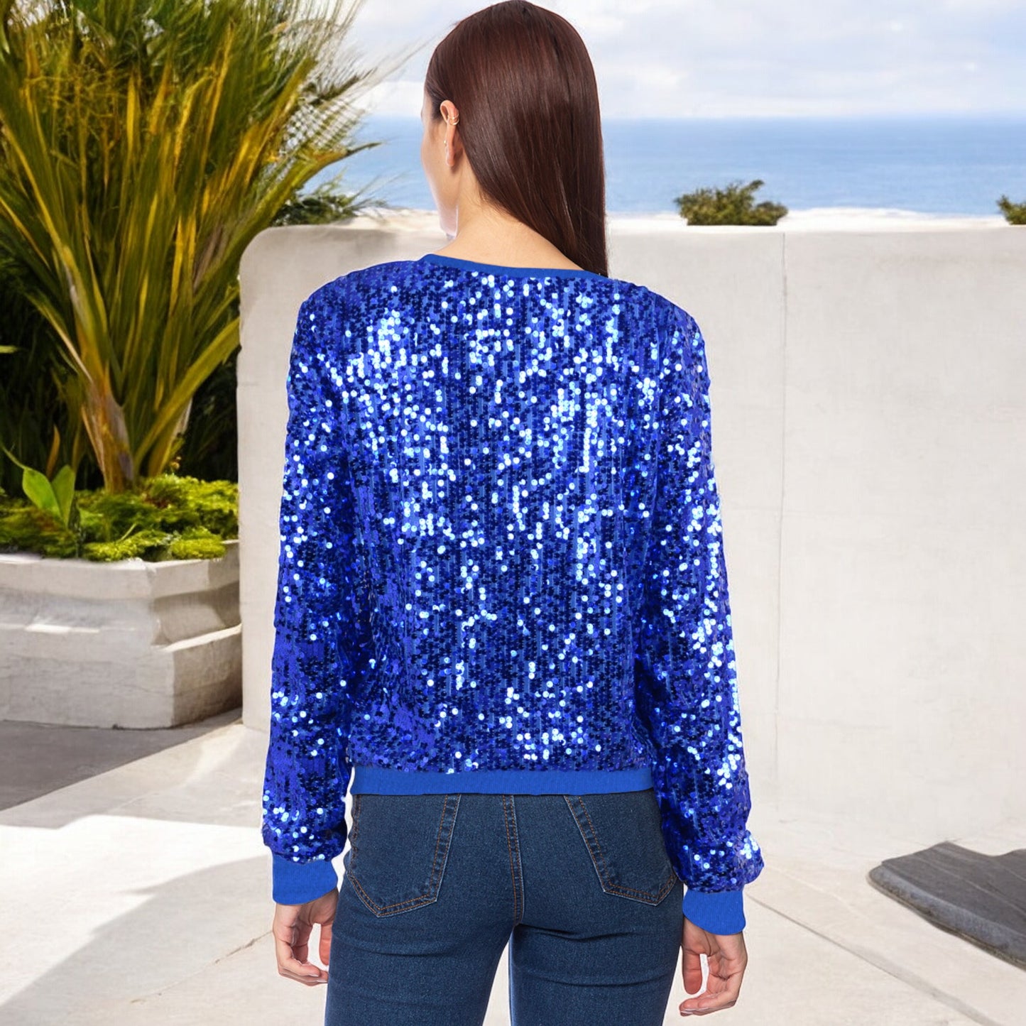Sequin Sweatshirt Round Neck Long Sleeve Ribbed Cuffs Pullover