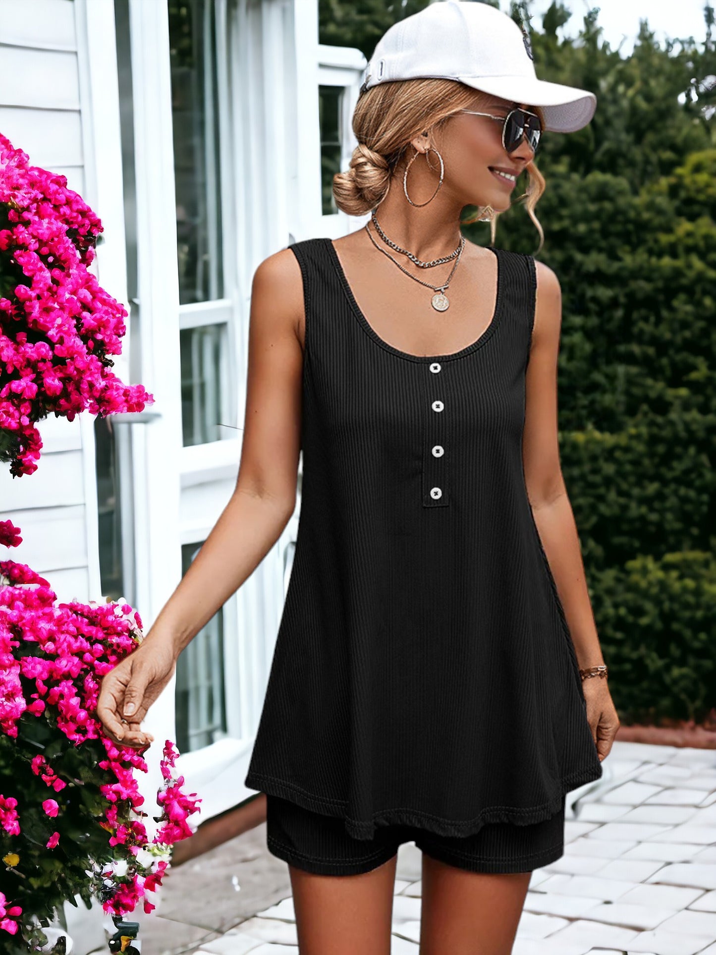 Women's Ribbed Tracksuit With Tank Top Vest And Drawstring Shorts