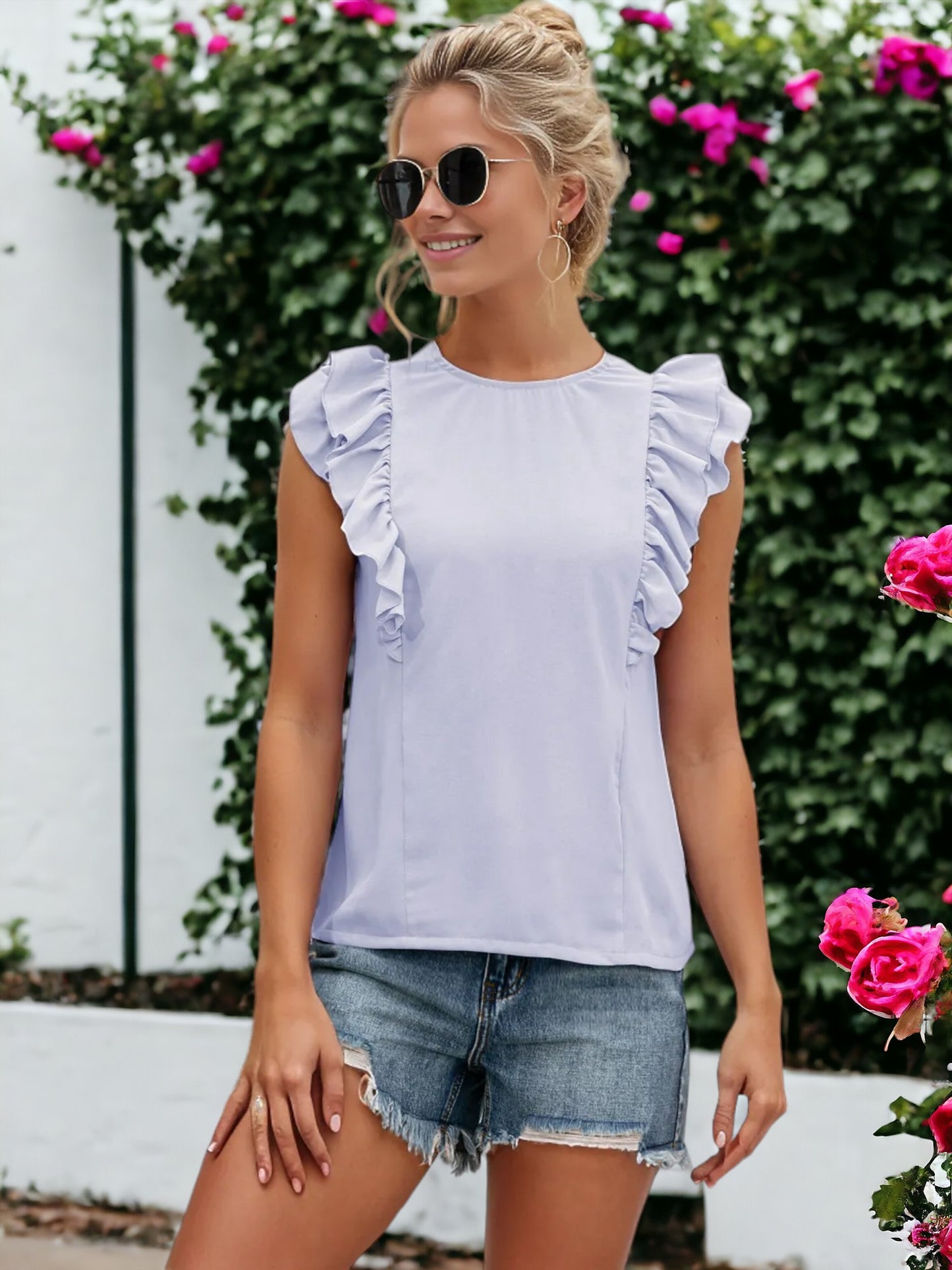 Ruffle Sleeveless Tied Open Back Blouse