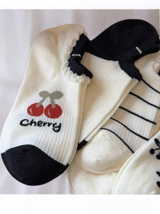 Anna-Kaci Women's Low-Cut Ankle Socks with Cherry Embroidery and Striped Design