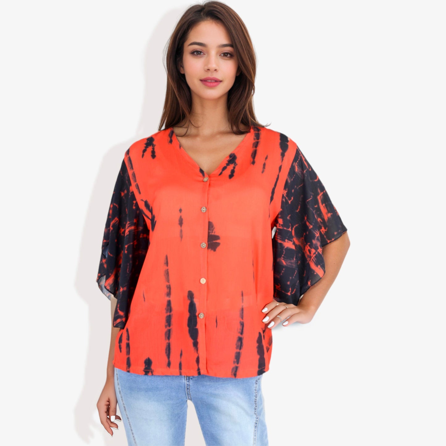 Anna-Kaci Women's Button-Front Tie-Dye Kimono Sleeve Blouse