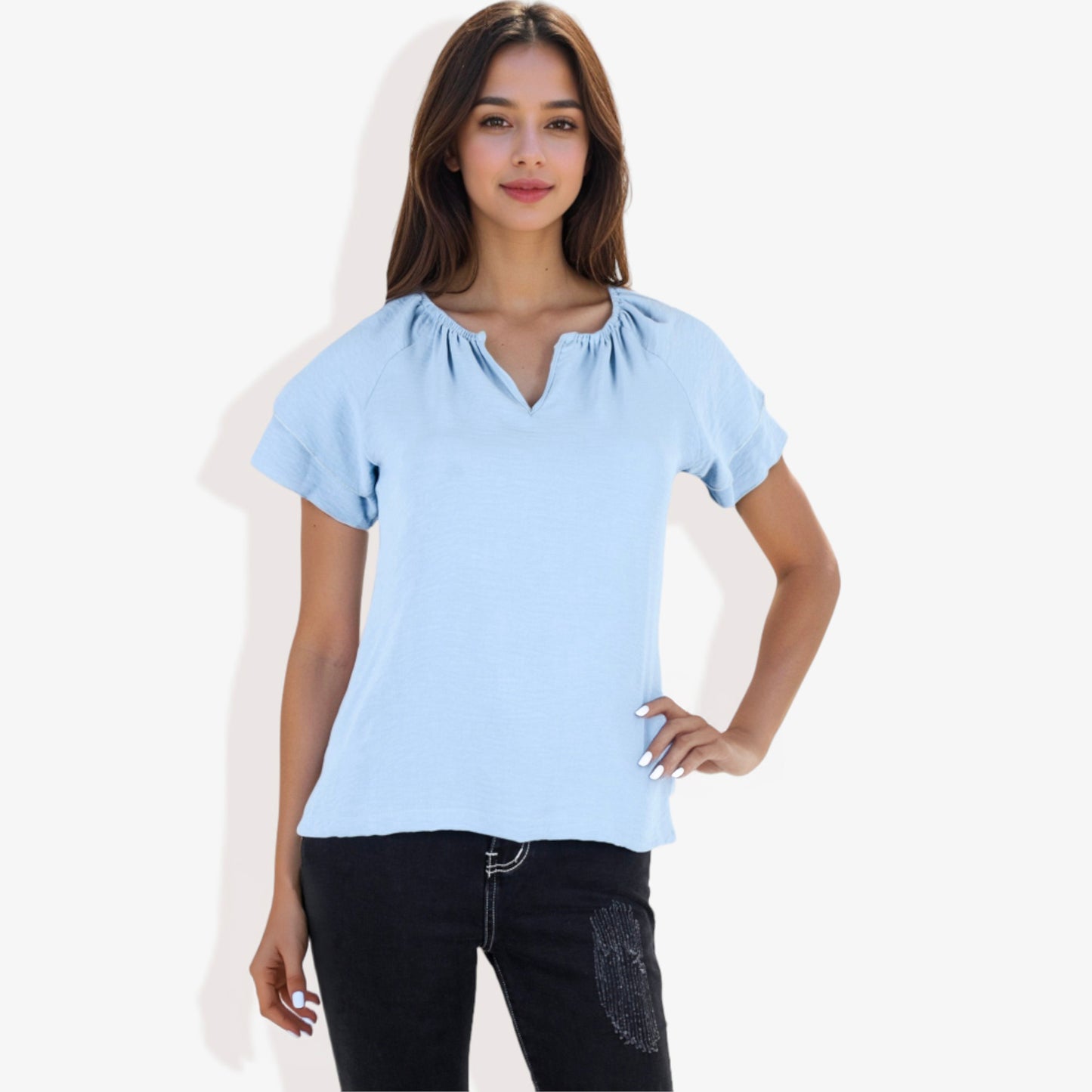 Blusa informal de mujer con escote en V y manga corta con fruncido