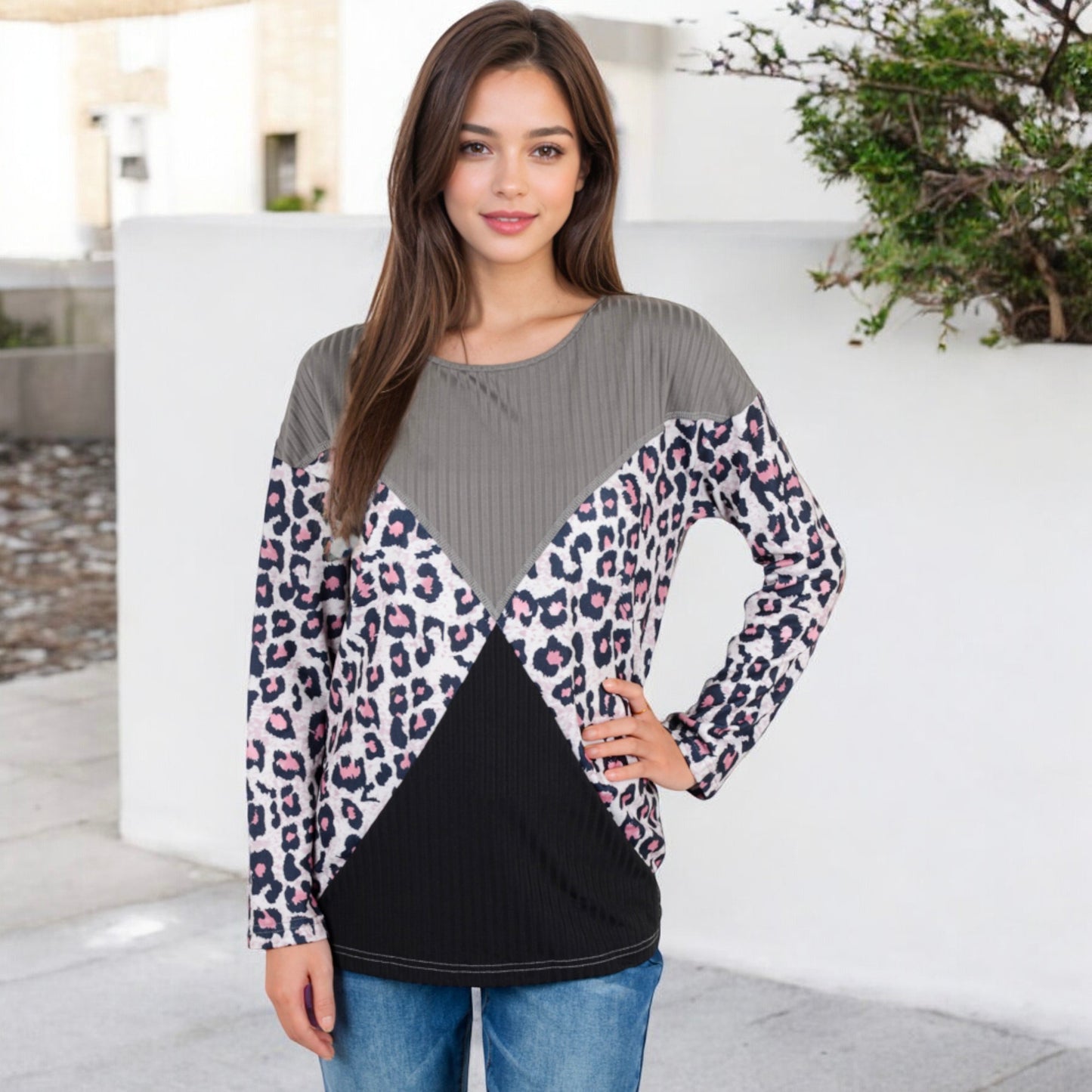Anna-Kaci Women's Long Sleeve Ribbed Knit Top with Leopard Print Contrast and V-Cut Design