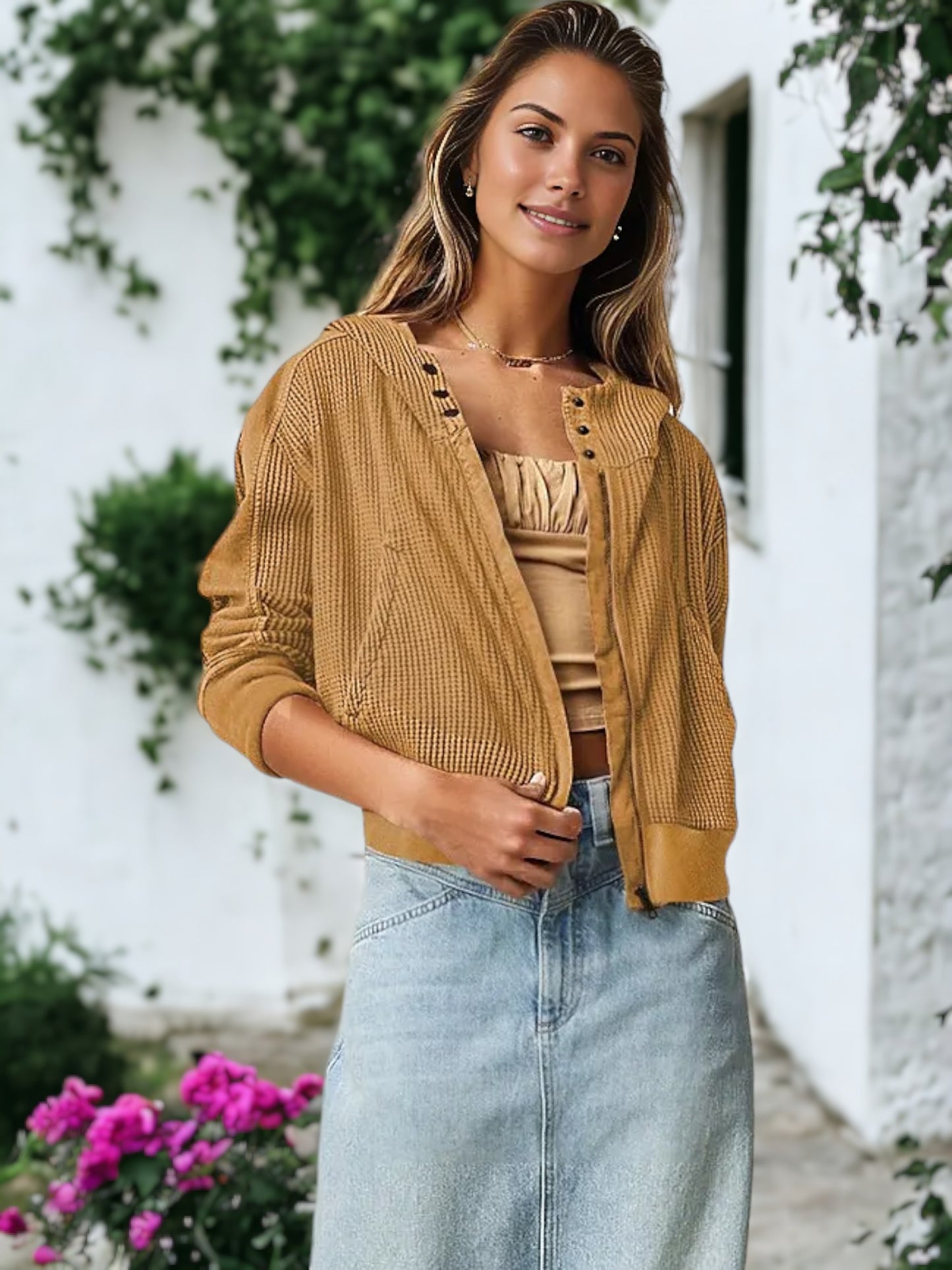 Waffle Knit Button Neck Jacket