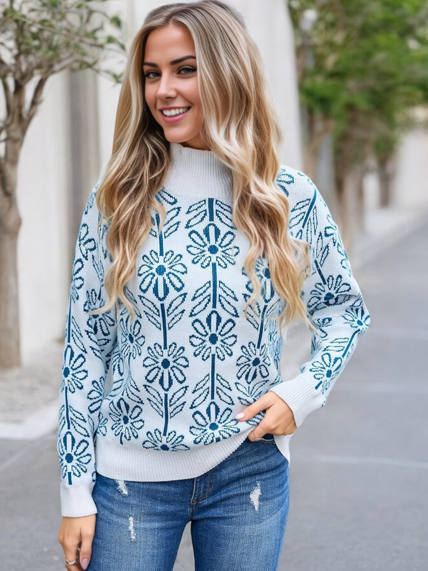 Anna-Kaci Women's Mock Neck Long Sleeve Floral Pattern Knit Sweater
