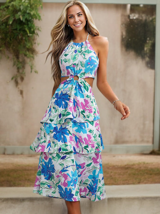 Halter Neck Floral Midi Dress with Cutout Waist and Ruffle Hem