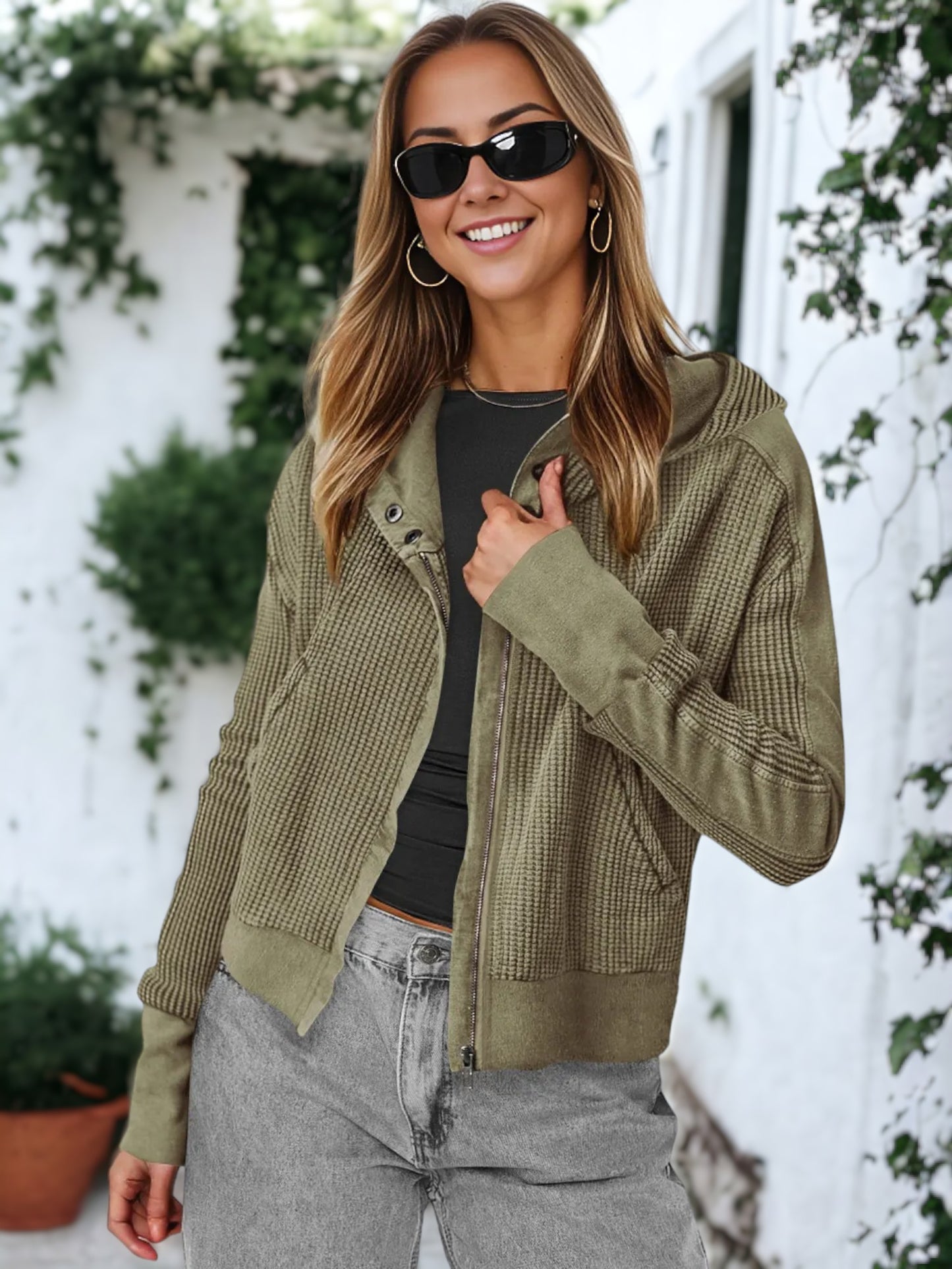 Waffle Knit Button Neck Jacket