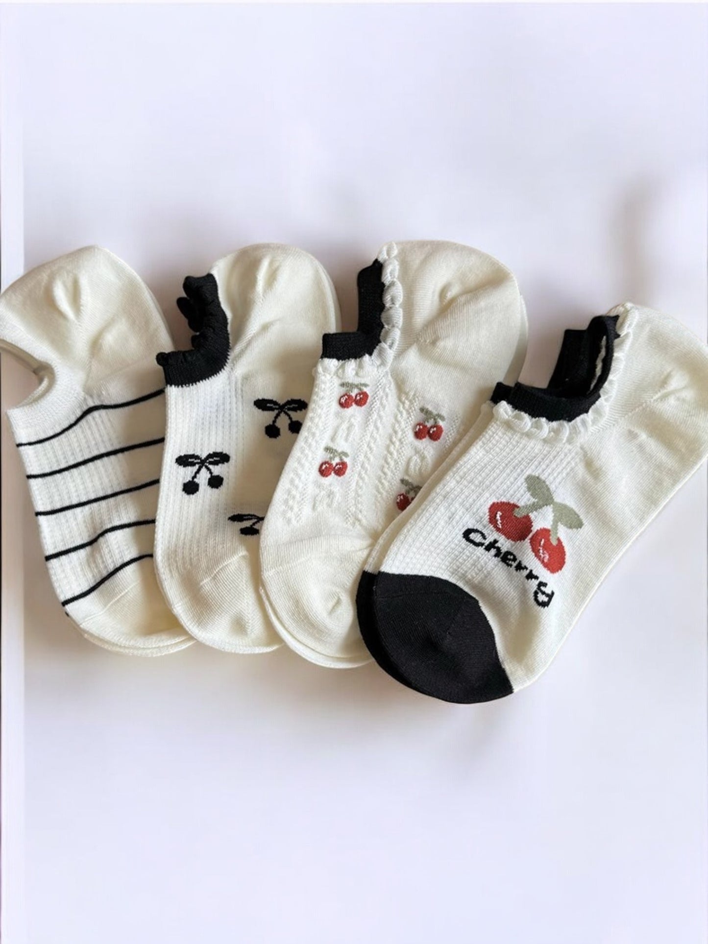 Anna-Kaci Women's Low-Cut Ankle Socks with Cherry Embroidery and Striped Design