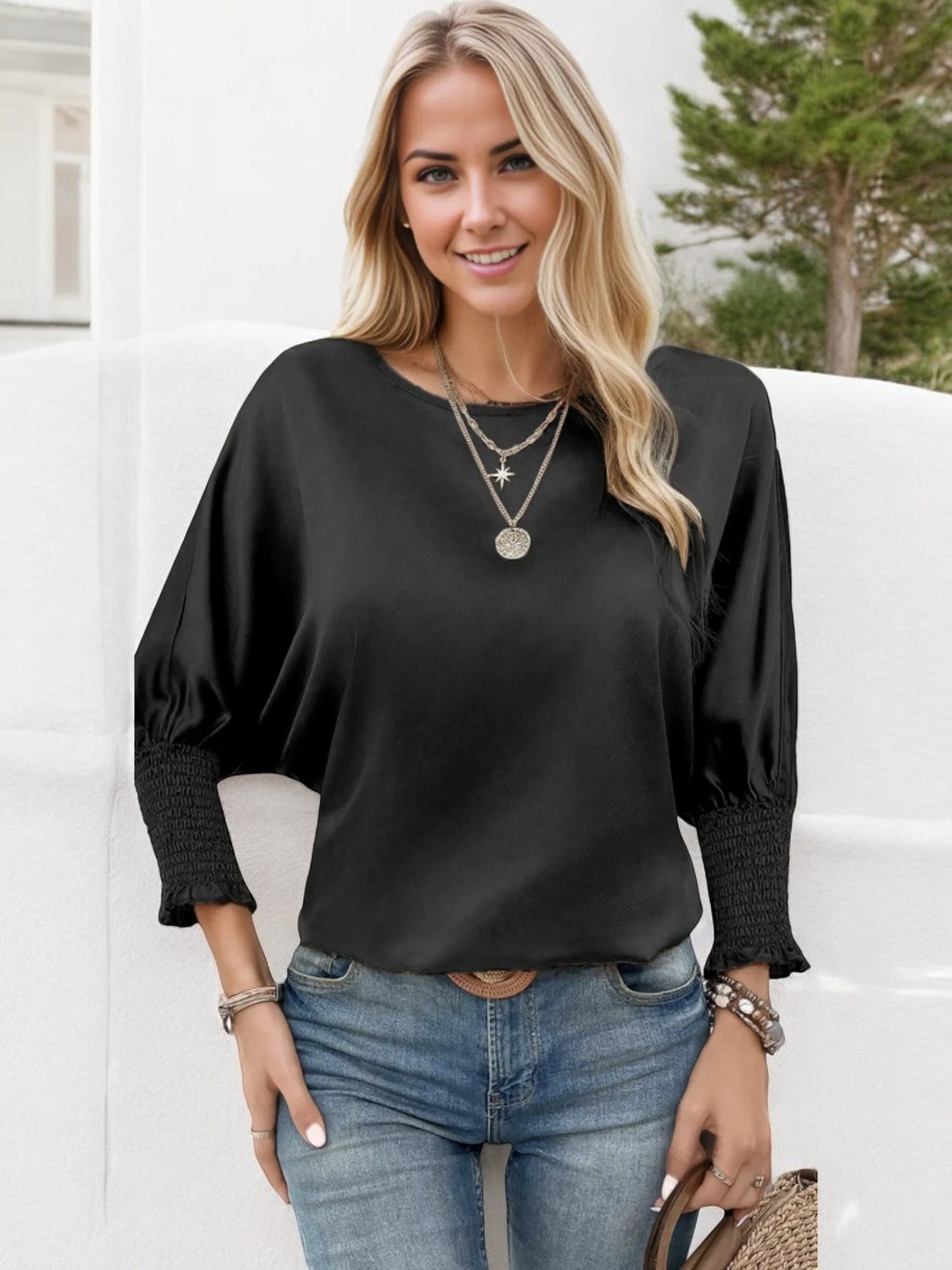 Anna-Kaci Women's Satin Blouse with Smocked Cuffs and Round Neck