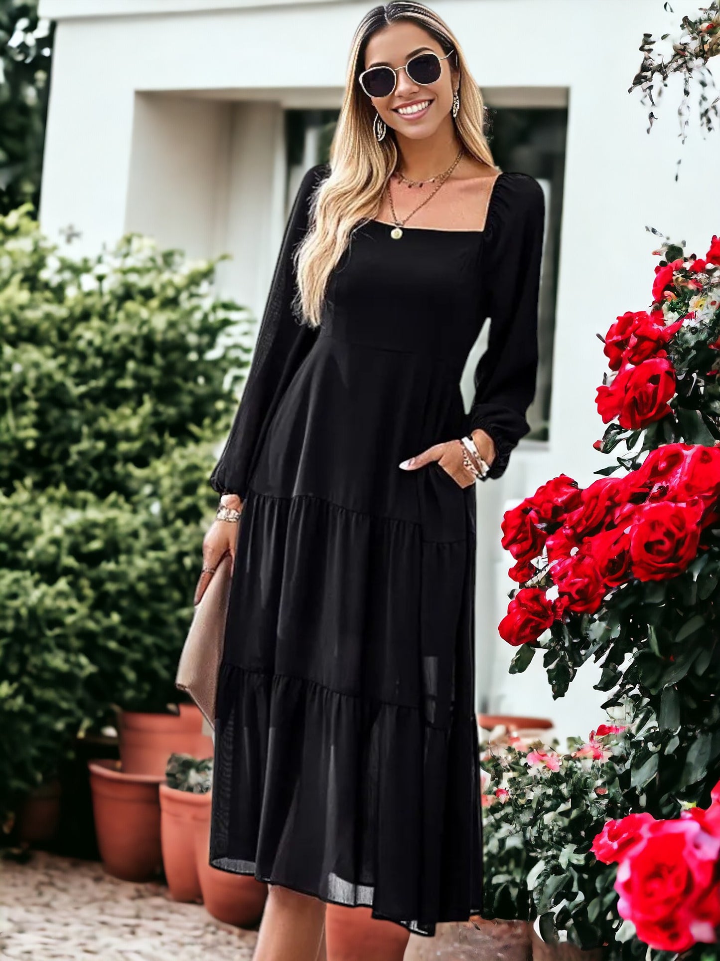 Square Neck Bishop Sleeve Midi Dress