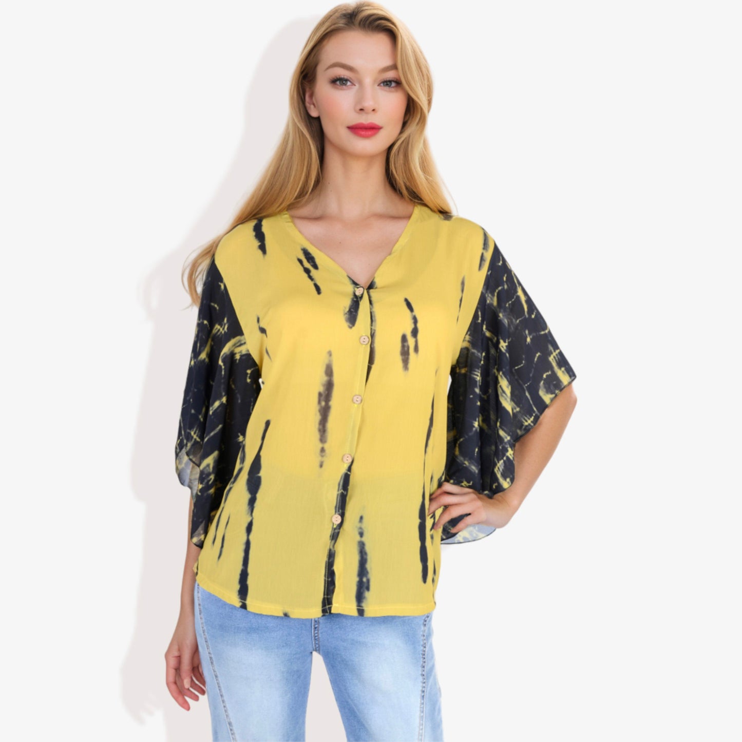 Anna-Kaci Women's Button-Front Tie-Dye Kimono Sleeve Blouse
