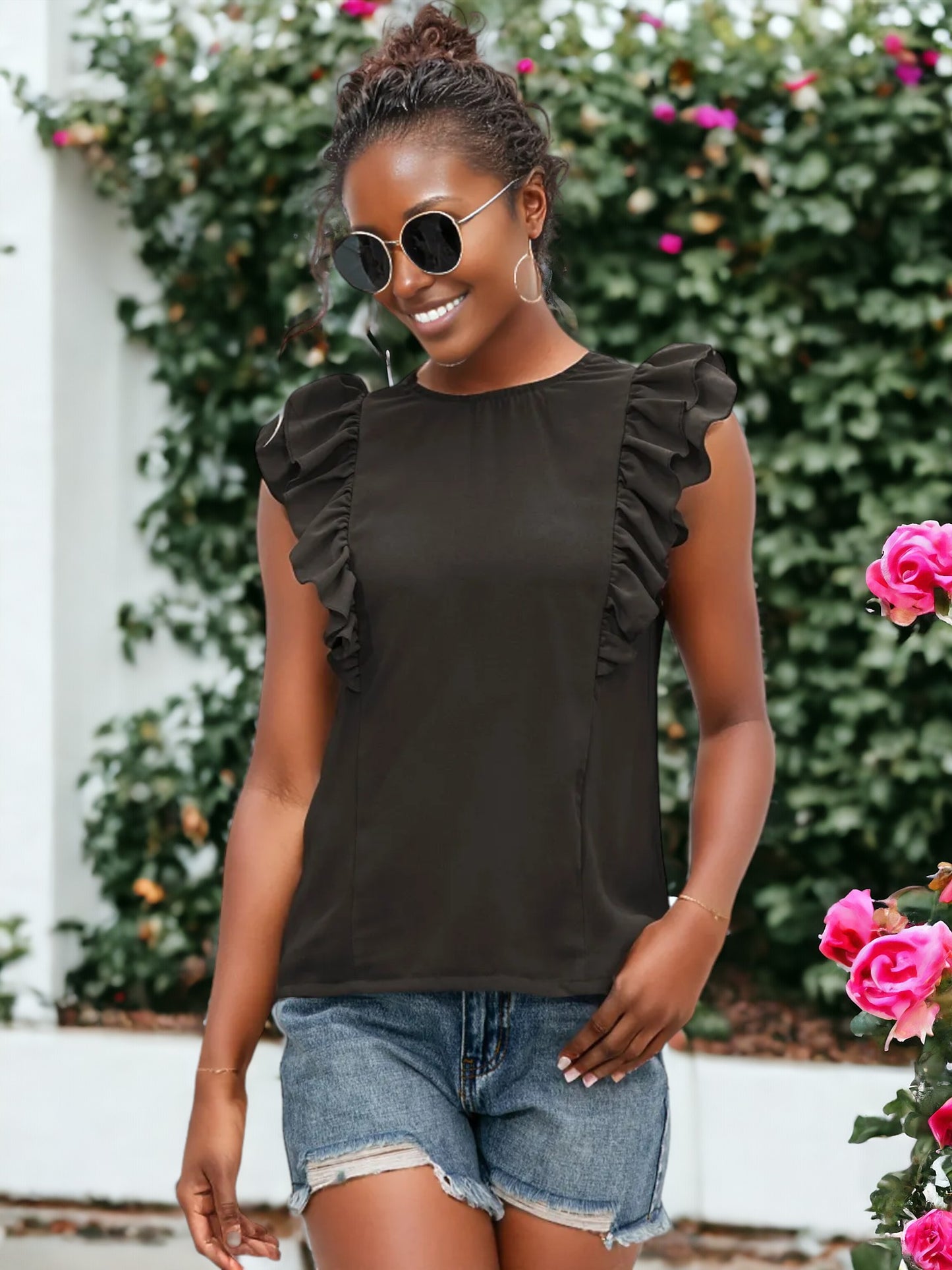 Ruffle Sleeveless Tied Open Back Blouse