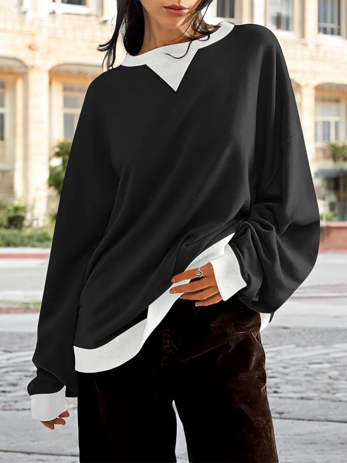 Anna-Kaci Women's Contrast Trim Crew Neck Sweatshirt with Long Sleeves and Relaxed Fit