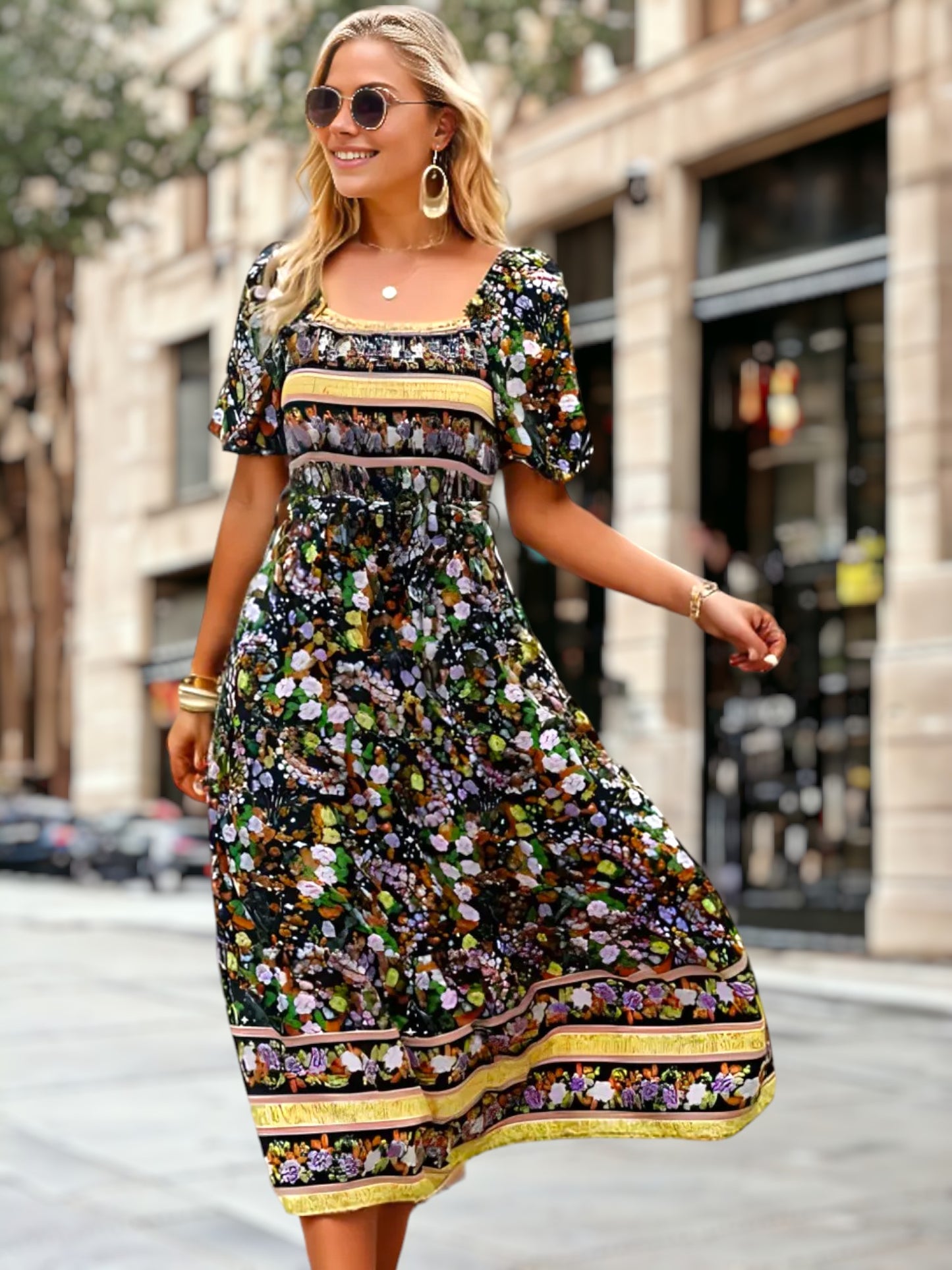 Vestido midi vintage con escote cuadrado