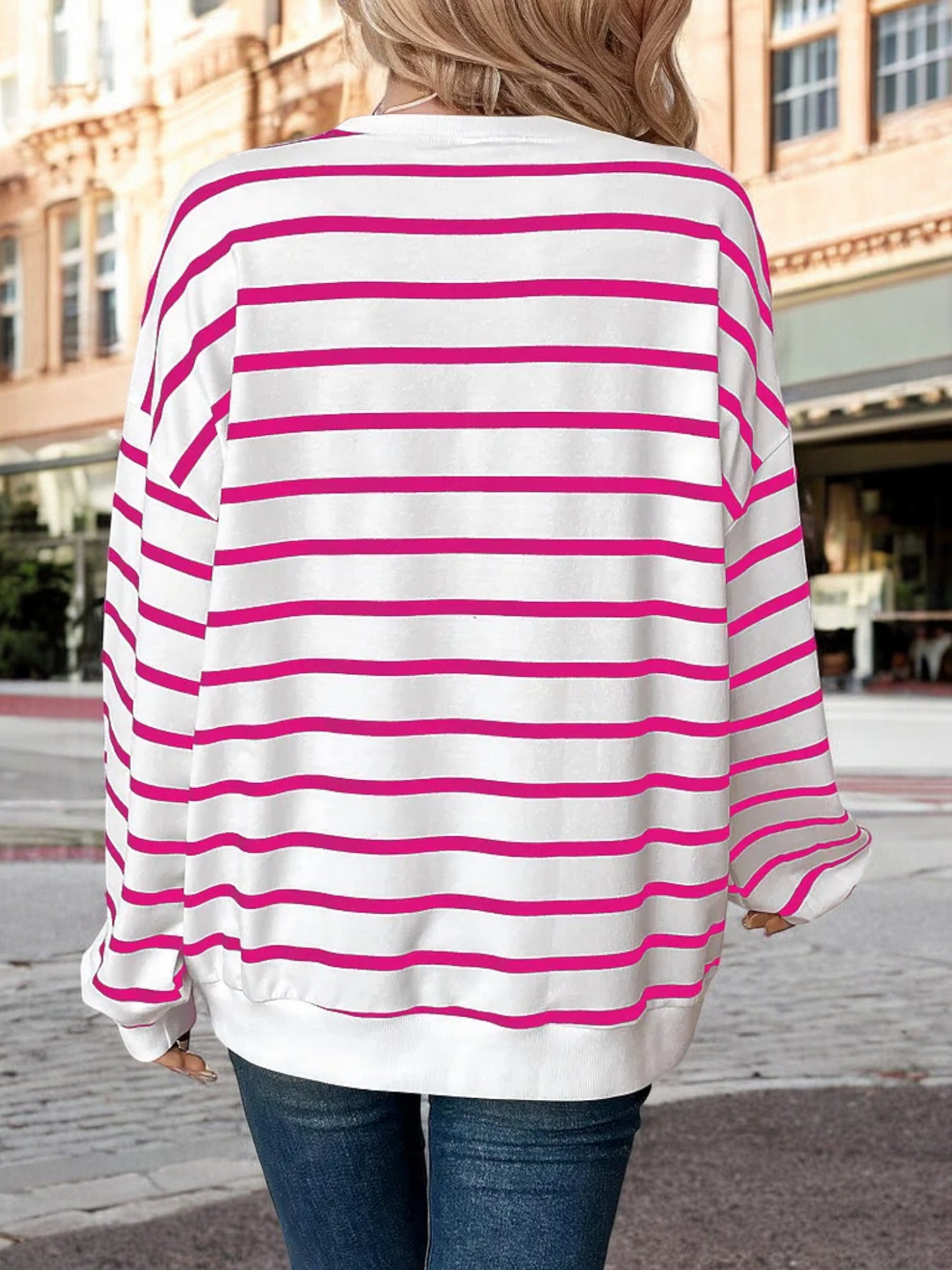 Anna-Kaci Women's Oversized Striped Long Sleeve Top with Drop Shoulders