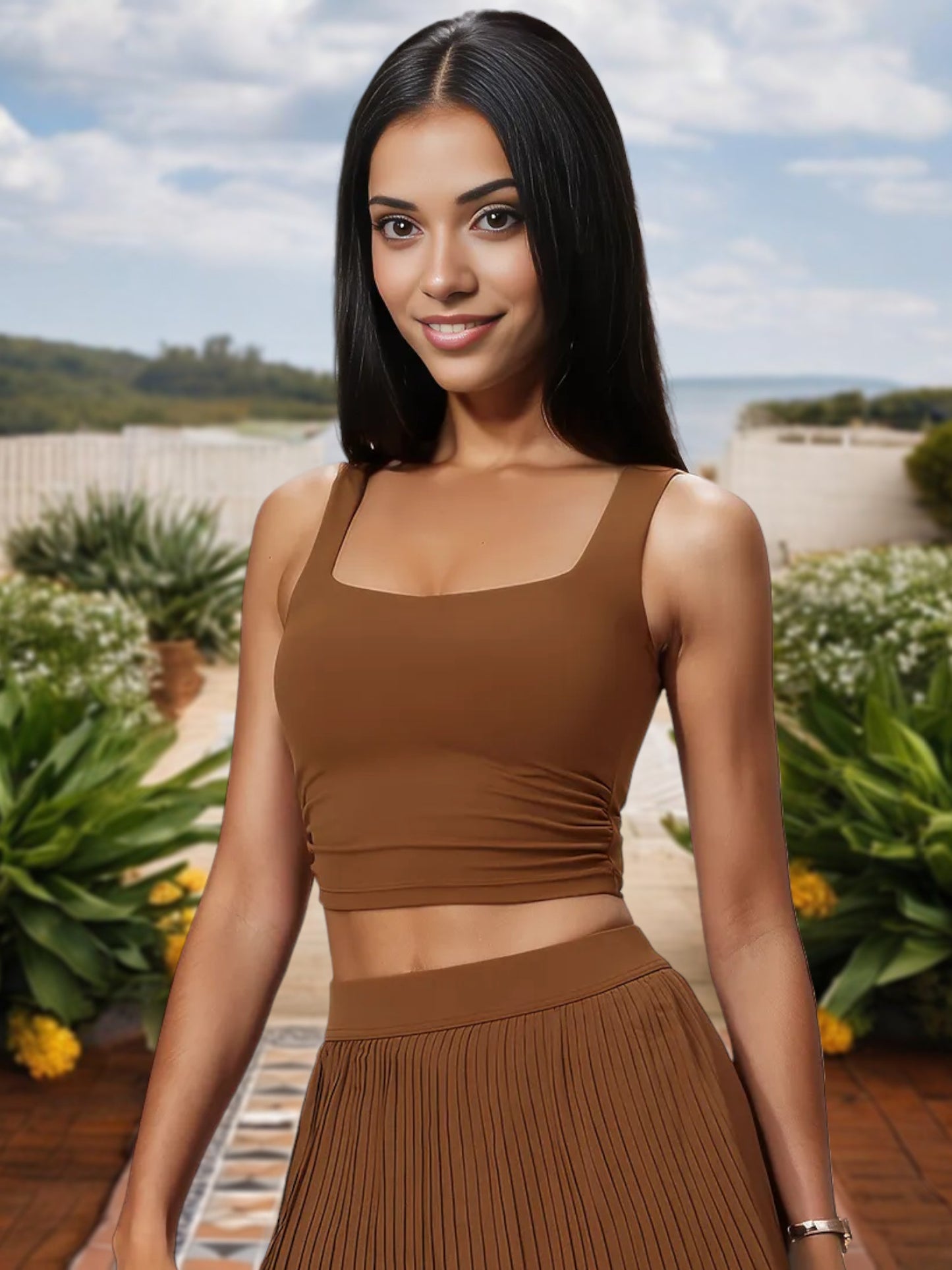 Women's Square Neck Crop Top with Stretch Fit and Ruched Sides