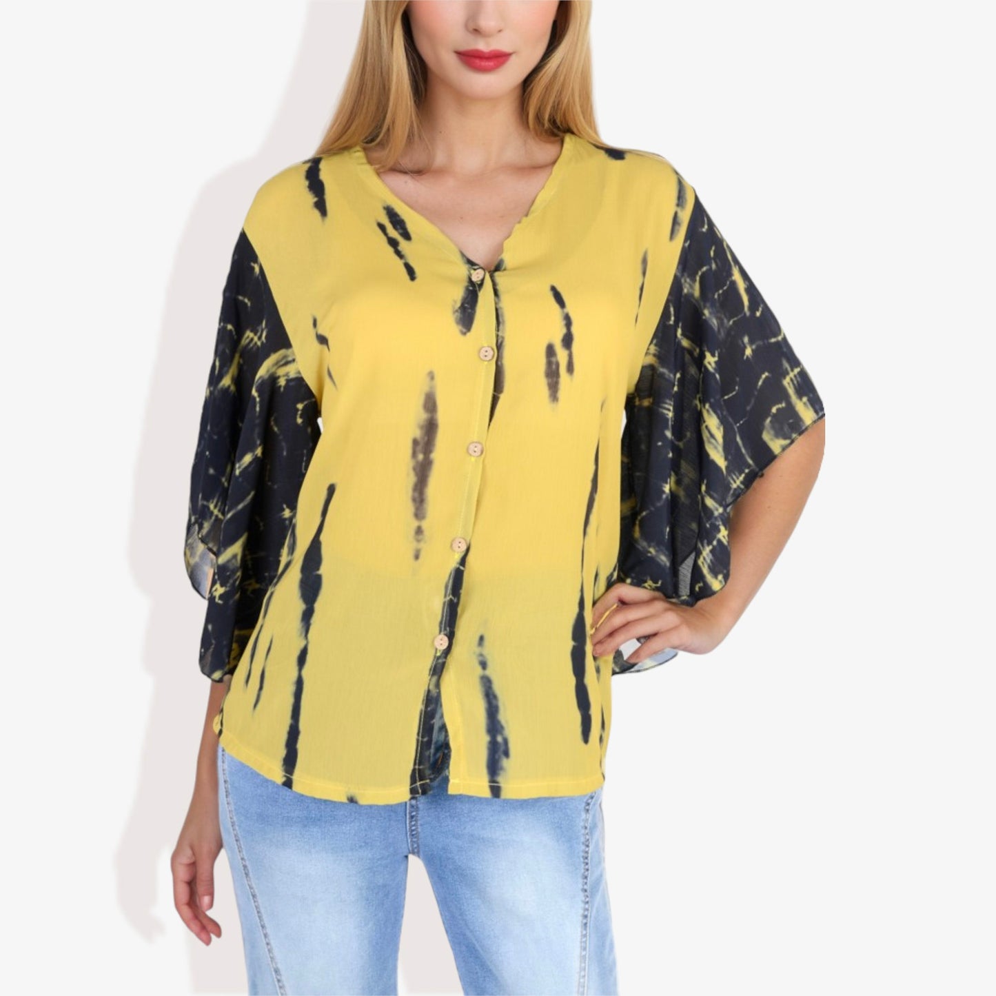 Anna-Kaci Women's Button-Front Tie-Dye Kimono Sleeve Blouse