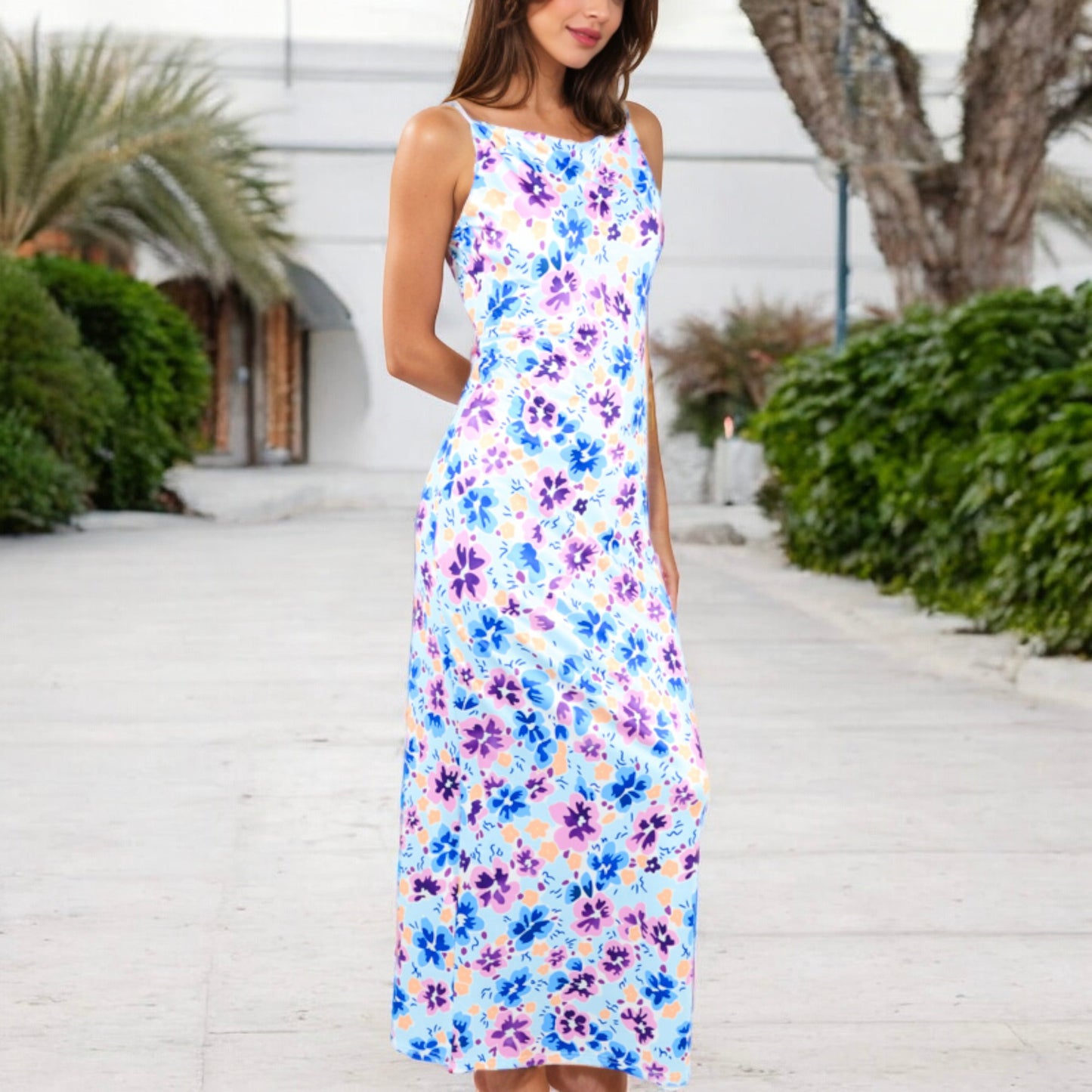 Anna-Kaci Women's Floral Print Spaghetti Strap Maxi Dress with Open Back Detail