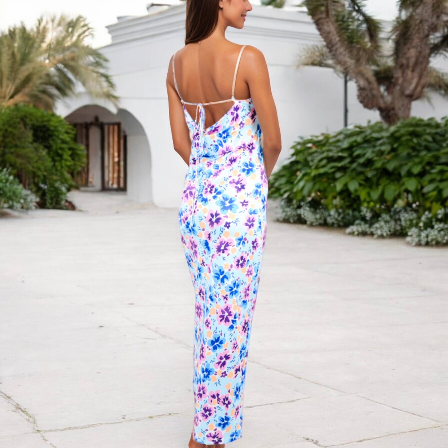 Anna-Kaci Women's Floral Print Spaghetti Strap Maxi Dress with Open Back Detail